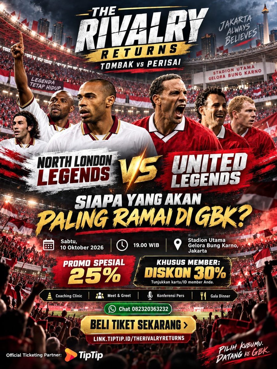 pznapple's tweet photo. Dari era penuh kenangan menuju Jakarta 2026! ✨ United vs NorthLondon Legend siap menghadirkan kembali rivalitas yang pernah menghiasi sepak bola Inggris.  
#TheRivalryReturns https://t.co/j2XKFQFhQo