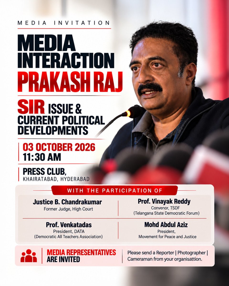 prakashraaj's tweet photo. “Flawed SIR process and its implications on Citizens ” 
Dear all Print media .. television channels and social media platforms .. please come . tomorrow 3 rd oct 11.30 am at Press Club , Khairtabad .Hyderabad https://t.co/JA0Xj3QVl5