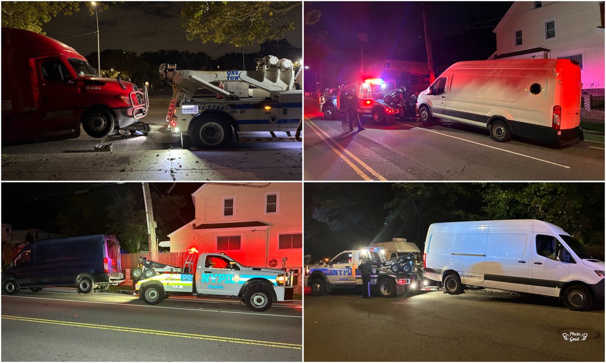 NYPD111Pct's tweet photo. Wednesday, the 111th Precinct's Quality-of-Life Team pulled an all-nighter and conducted a Heavy-Duty Tow Operation with our agency partners. 
They removed numerous unregistered and illegally parked commercial vehicles from our streets following complaints from the community. https://t.co/CObZg8VG5k