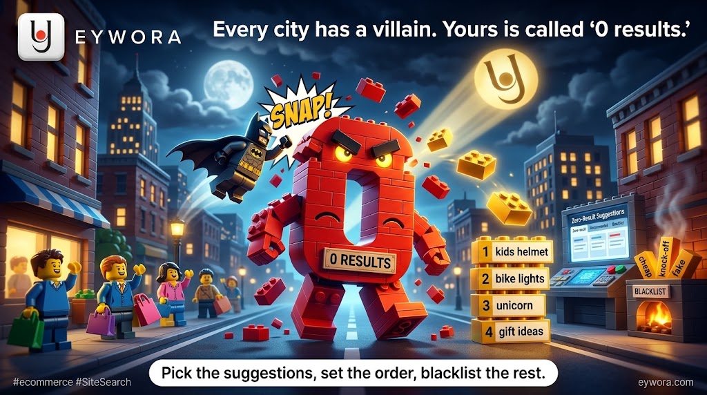 eywora_app's tweet photo. Every city has a villain. Yours is called "0 results." 🧱💥
Take it apart brick by brick in Eywora: choose the searches shoppers get instead, drag them into order, and blacklist the words you never want suggested.
https://t.co/97h7Fu8Fxc
#ecommerce #SiteSearch #shopware https://t.co/OQptqPY91r