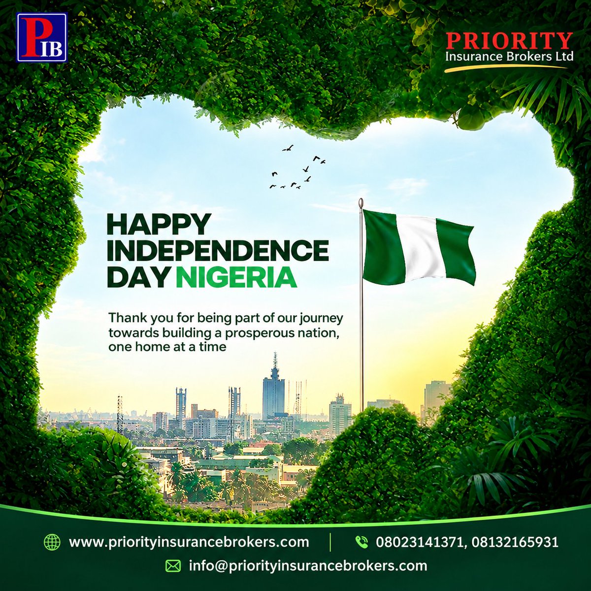 pibltd's tweet photo. Join us as we celebrate our beloved country @66 #independence #nigeria66 #getinsured #insurancebrokers #PIB #priorityinsurancebrokers #businessprotection https://t.co/C33G5syFsC