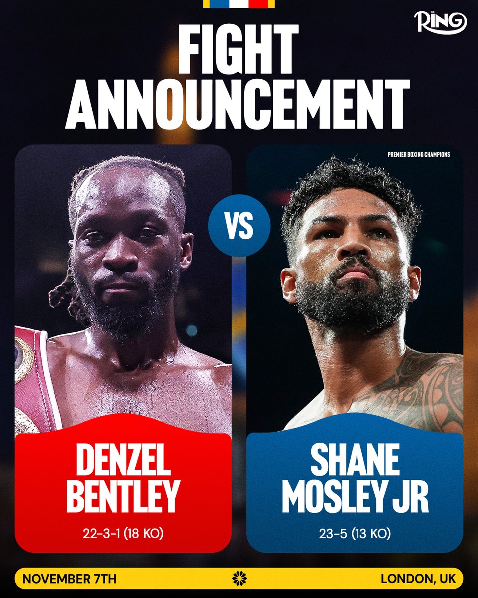 ringmagazine's tweet photo. 🥊 Announced: Denzel Bentley has signed a multi-fight deal with Zuffa Boxing, and will fight Shane Mosley Jr on November 7th in London on the undercard of Zuffa Boxing 12.

Bentley was ordered to face mandatory challenger Yoenli Hernandez next, but he has petitioned the WBO to allow him to make a voluntary defense of his WBO middleweight title against Mosley Jr.