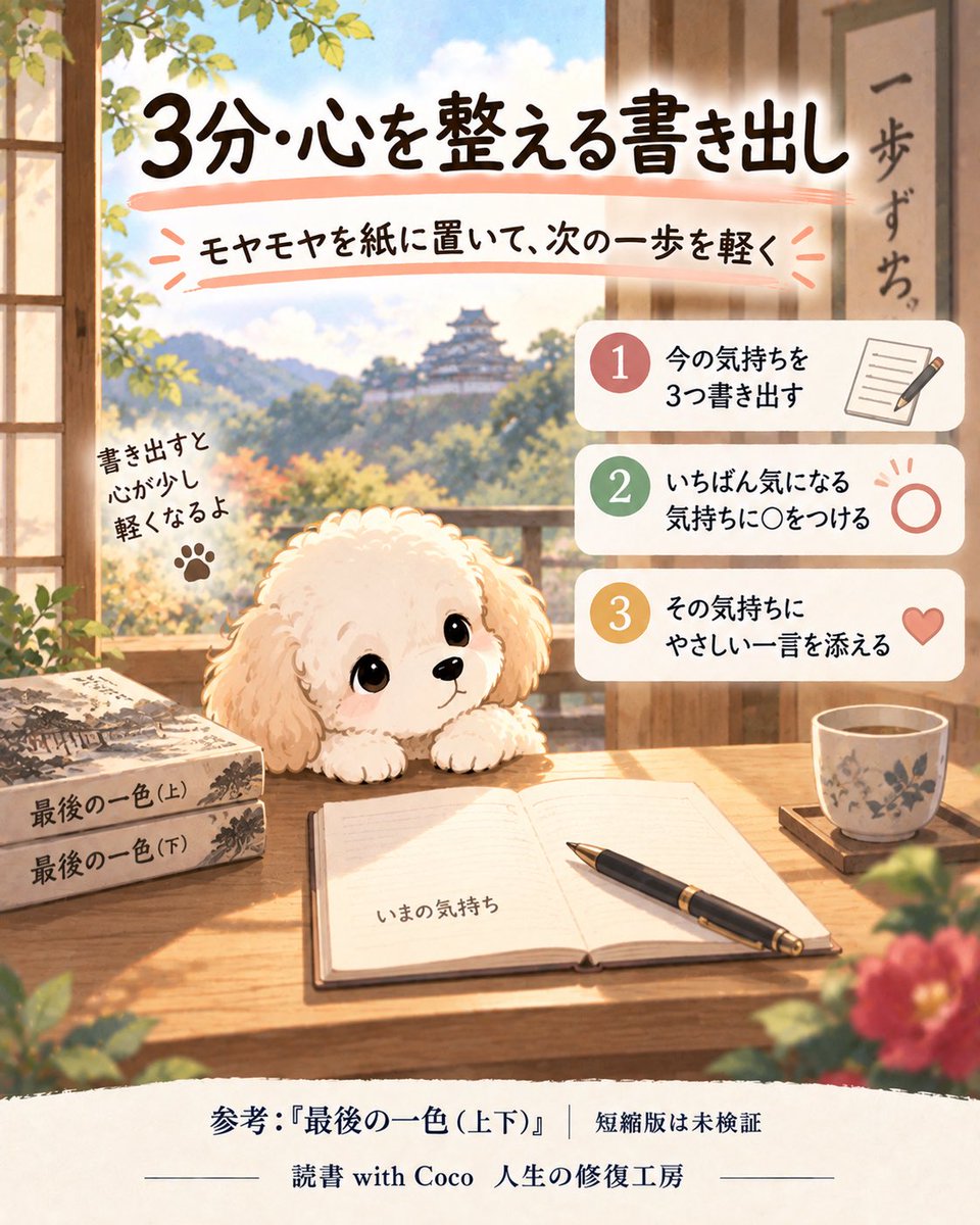 read_with_coco's tweet photo. 夜、「なんかモヤモヤする」で頭がいっぱいになったら3分だけ。

①今の気持ちを3つ書く
②いちばん気になるものに○
③「私は○○と感じている。○○があったから」と1文

『最後の一色』×感情ラベリング研究から作ったオリジナルワーク。3分版自体は未検証です。

今の気持ちを、まず1語だけ書いてみる🐾