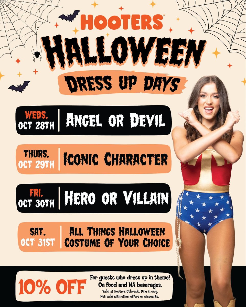 HootersCO's tweet photo. We may have taken Halloween a little too far this year.
Actually… no. This feels right. 😂🎃
Introducing Hooters Halloween Dress Up Days!
#BooCrew #StartPlanningNow #CreepItCute https://t.co/PIIRNZxrA3