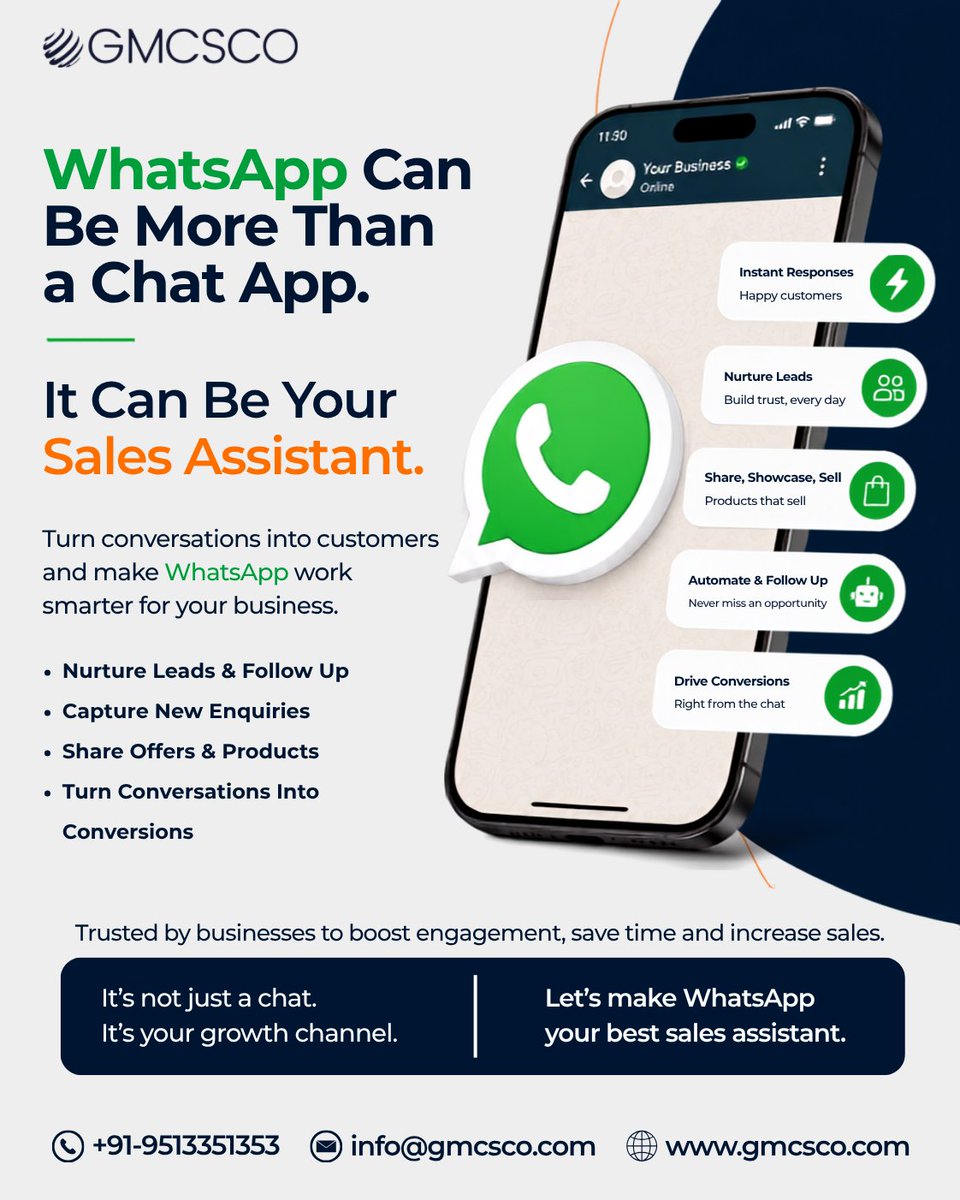 gmcsco's tweet photo. Turn WhatsApp into a smarter sales and customer engagement channel with GMCSCO.
📞 +91 9513351353
📧 info@gmcsco.com
🌐 https://t.co/GPQnuPqzm4
#WhatsAppBusinessAPI #WhatsAppMarketing #WhatsAppAutomation #WhatsAppChatbot #SalesAutomation #LeadGeneration #LeadNurturing #GMCSCO https://t.co/cOoa4VGG8Z
