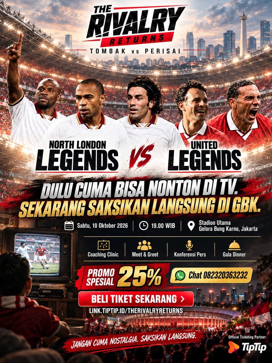 TasedoZa's tweet photo. Weekend bingung mau ke mana? Mending ke SUGBK aja! Ada laga seru United vs NorthLondon Legend yang siap ngebawa kenangan lama di Indonesia. #TheRivalryReturns https://t.co/kTa3ASNUq5
