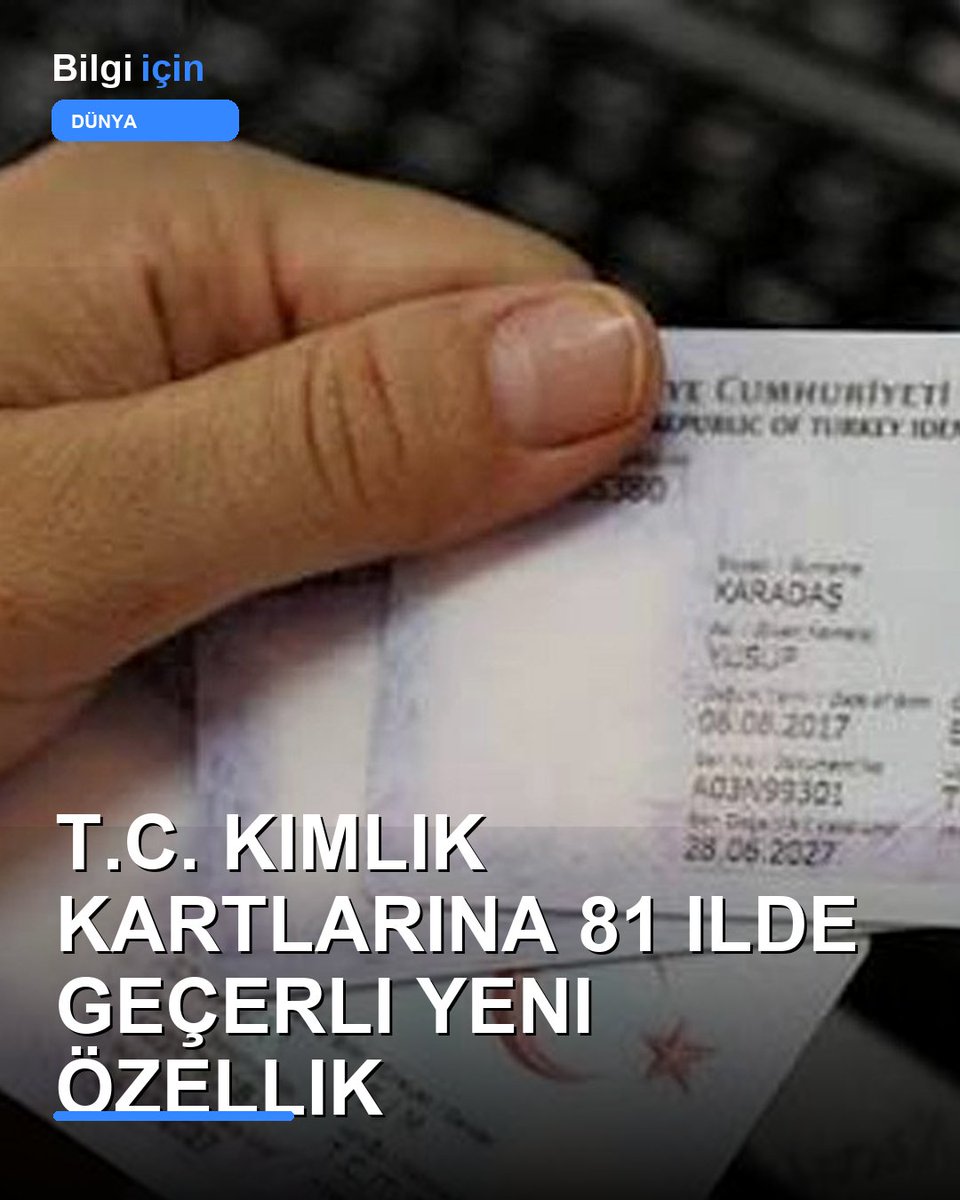 bilgiic1n's tweet photo. T.C. kimlik kartlarına 81 ilde geçerli yeni özellik

🔴 T.C. kimlik kartlarına yeni bir özellik eklendi. Özelliğin 81 ilde geçerli olacağı belirtilirken, aynı kaynak metninde Müzekartlarda yeni dönem ile müze ve ören yerlerinde dijital dönüşüm başlıkları da yer aldı.

#Bilgiİçin #Dünya