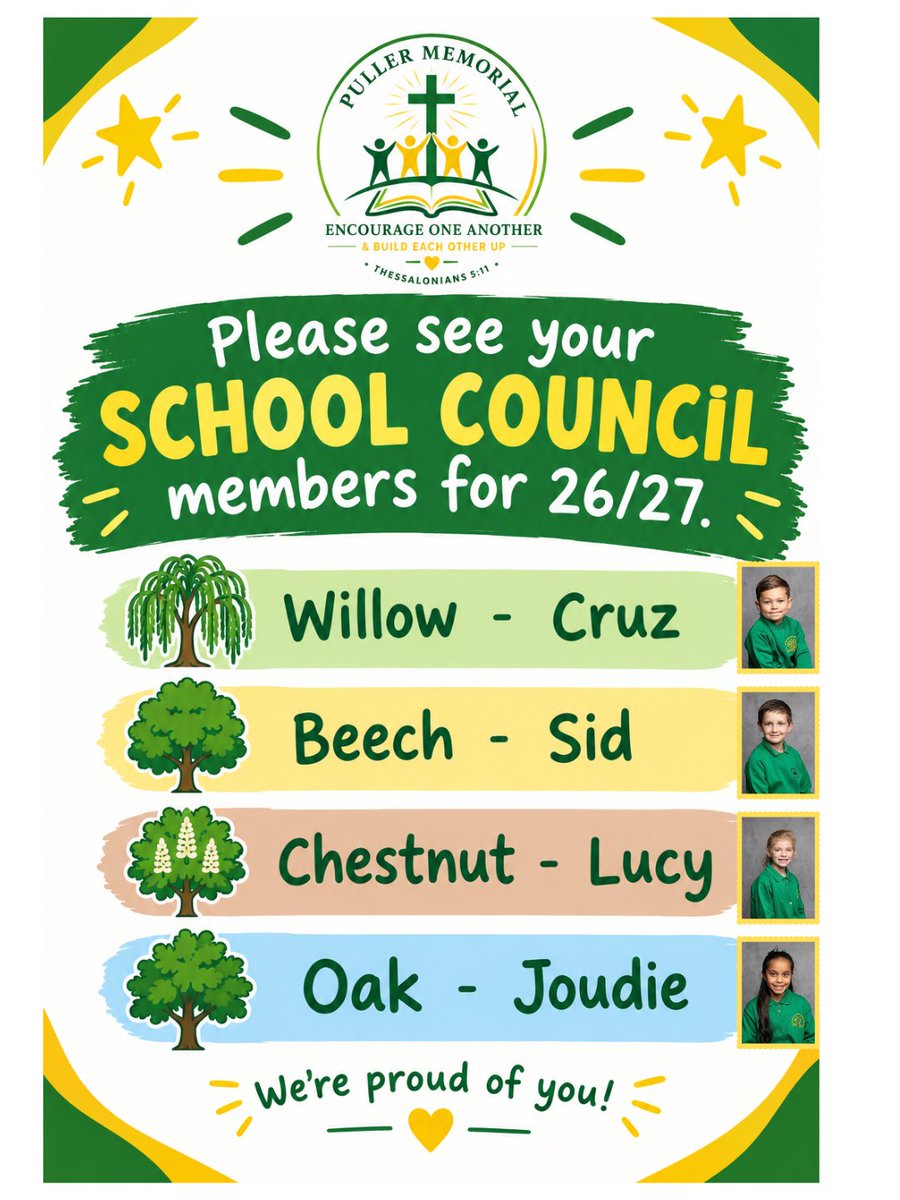 puller_memorial's tweet photo. 🌟 Meet our new School Council! 🌟

Well done to our representatives from Cruz, Sid, Lucy and Joudie👏

They’ll be sharing ideas, listening to pupil voice and helping make a positive difference in our school. 🗣️💡

#SchoolCouncil #PupilVoice https://t.co/eNgKYY8TsK
