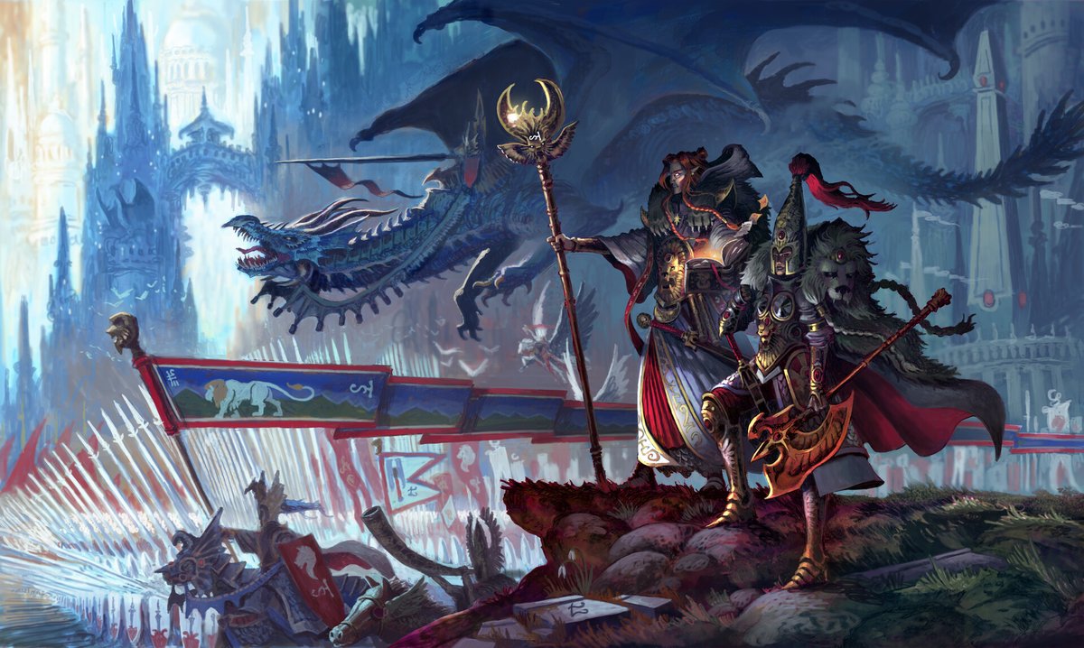 xathrodox86's tweet photo. The might of Asur gathers for war, led by a powerful noble riding one of the legendary dragons of old. Even though the time of the original Dragon Princes came to an end, the High Elves can still rise some of the dragons from their slumber.🐲

Art by Márton Kapoli.
#WarhammerArt https://t.co/90XZQBrIz4