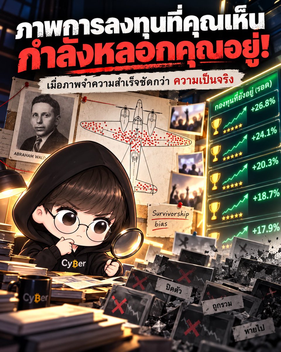 Cyber__trader's tweet photo. กองทุนหุ้นทุก 100 กอง ผ่านไป 20 ปี หายไปจากตลาดแล้วกว่า 63 กอง 😱

ทำไมการลงทุนและกองทุนที่คุณเห็น อาจไม่ได้สะท้อนภาพความเป็นจริง?

ย้อนกลับไปช่วงสงครามโลกครั้งที่ 2 กองทัพสหรัฐฯ อยากเสริมเกราะเครื่องบินรบ เลยเก็บข้อมูลรอยกระสุนจากเครื่องบินที่บินกลับมา แล้วเห็นว่ารูกระสุนกระจุกอยู่ที่ปีกกับลำตัว ทุกคนเลยจะเสริมเกราะตรงนั้น

นักสถิติชื่อ Abraham Wald บอกว่าผิดแล้ว ให้เสริมเกราะตรงที่ "ไม่มี" รูกระสุน เพราะเครื่องบินที่โดนยิงตรงเครื่องยนต์ไม่มีลำไหนได้บินกลับมาให้นับเลย

นี่คือ Survivorship bias คือ การตัดสินใจจากสิ่งที่ "รอด" มาให้เราเห็น โดยลืมไปว่ายังมีอีกมากที่หายไประหว่างทาง

ในโลกการลงทุนเรื่องนี้เกิดขึ้นทุกวันครับ

S&P Dow Jones Indices เก็บข้อมูลกองทุนหุ้นสหรัฐฯ ใน SPIVA Scorecard ล่าสุด ผลคือ กองทุนทุก 100 กอง ผ่านไป 20 ปี

ราว 63 กอง ปิดตัวหรือถูกควบรวมหายไป
ราว 32 กอง ยังอยู่รอด แต่ผลตอบแทนแพ้ดัชนี
มีแค่ราว 5 กอง ที่ทั้งรอดและชนะดัชนีได้จริงๆ 

แต่ตารางจัดอันดับกองทุนที่เราเปิดดูวันนี้ มีแต่กองที่ยังอยู่ กองที่ปิดไปแล้วไม่ได้อยู่ในตารางให้เราเห็น ตัวเลขผลตอบแทนเฉลี่ยเลยดูดีกว่าความจริงเสมอ

และกองทุนที่ถูกเอามาโฆษณาให้ลงทุน ก็คือ 5 กองสีเขียวนั่นแหละครับ

ยิ่งในยุค Social media ยิ่งขยายภาพนี้ให้หนักขึ้น 🤦‍♂️

ลองคิดภาพคนที่พอร์ตบวก 300% จะโพสต์ แต่คนที่พอร์ตแตกจะเงียบหายไป ฟีดเราเลยเต็มไปด้วยคนที่ "รอด" จนดูเหมือนการลงทุนเป็นเรื่องง่าย แค่ซื้อตามก็รวยแล้ว

ซึ่งเรื่องนี้มีงานวิจัยจากบราซิล ตามดูคนที่เทรดรายวันต่อเนื่องเกิน 300 วัน พบว่า 97% ขาดทุน และมีแค่ราว 1.1% ที่ทำเงินได้มากกว่าค่าแรงขั้นต่ำ แต่เรื่องที่เราเห็นในฟีด มักมาจากกลุ่ม 1% นั้นแทบทั้งหมด

นักลงทุนที่ประสบความสำเร็จที่เราเห็น จึงเป็นแค่เศษเสี้ยวเล็กๆ ของภาพจริงทั้งหมด สิ่งที่เราไม่เห็นคือ การขาดทุน ความผิดพลาด ปีที่ต้องทน และคนอีกจำนวนมากที่เลิกไปก่อน

ในฐานะที่ปรึกษาการเงิน สิ่งที่ผมอยากฝากที่สุดคือ อย่าเชื่อใครแบบไม่ตั้งคำถาม และรวมถึงผมด้วย

ทุกโพสต์ที่ผมเขียน คือมุมมองจากข้อมูลที่ผมศึกษา ไม่ใช่คำตอบสำเร็จรูป ให้ใช้มันเป็นส่วนประกอบ แล้วไปศึกษาเพิ่ม ตั้งคำถามว่ามีอะไรที่เรายังไม่เห็น และสร้างมุมมองการลงทุนที่เป็นของตัวเองครับ

เพราะวันที่ตลาดไม่เป็นใจ คนที่จะอยู่รอด คือ "คนที่รู้ว่าตัวเองถืออะไรอยู่และถือไปทำไม" ไม่ใช่คนที่ซื้อตามคนอื่น

สิ่งที่อันตรายที่สุด ไม่ใช่สิ่งที่เราไม่รู้ แต่คือ สิ่งที่เราไม่รู้ว่าเราไม่เห็น

แล้วเพื่อนๆ เคยเห็นโพสต์ลงทุนที่กำไรเยอะๆ แล้วอยากทำตามไหมครับ? ครั้งต่อไปลองหยุดคิดอีกรอบก่อนตัดสินใจนะครับ 

#ลงทุน #กองทุน #การเงิน #การเงิน101