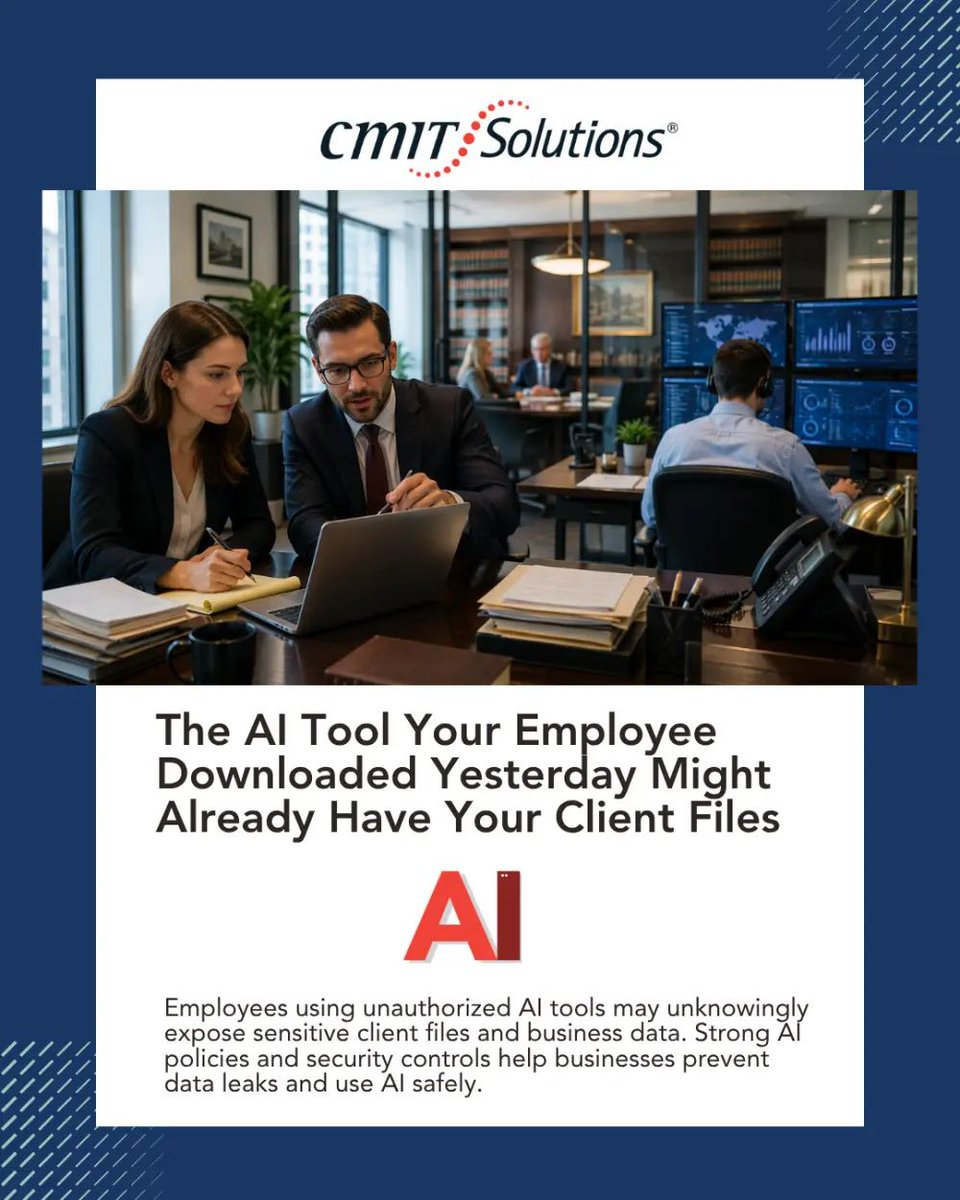 CMITBothell's tweet photo. Professional services firms run entirely on client trust, and that trust can be quietly put at risk when employees start using unapproved AI tools without IT ever knowing. A staff member pasting client information into a chatbot to save time may not realize where that data goes. https://t.co/5CFIqDUzv3