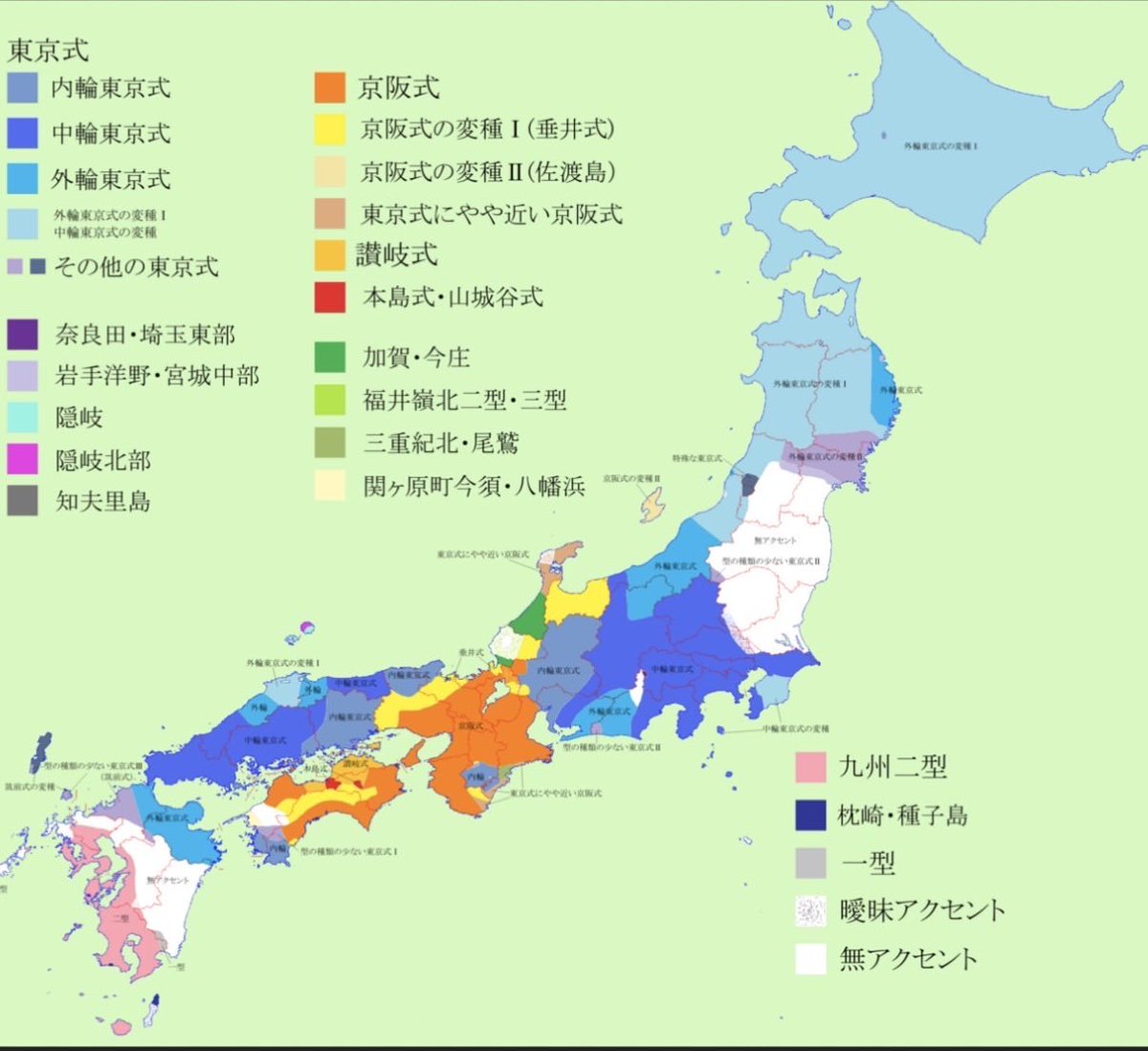 modestia_'s tweet photo. この図がまた目に入ったが。

アクセントの分類で近畿の周辺から同心円的に中距離に拡がるモノを「東京式」という呼称が付いてるの、気持ち悪いよな。 https://t.co/gWuTN89scf
