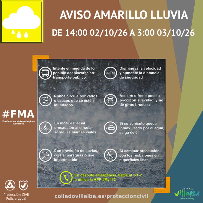 EmergenciaCV's tweet photo. 🟡Activos avisos amarillos por #lluvia y #tormentas, de 14 horas de hoy viernes a 3 horas de mañana sábado.

🌧️ Aviso amarillo por lluvias intensas, con precipitaciones de 20 l/m2 a la hora.

⛈️ Aviso amarillo por tormentas, con posibilidad de rachas de viento muy fuertes y granizo.

ℹ️ Más información y consejos a tener en cuenta en las imágenes.

#FMA ⚠️