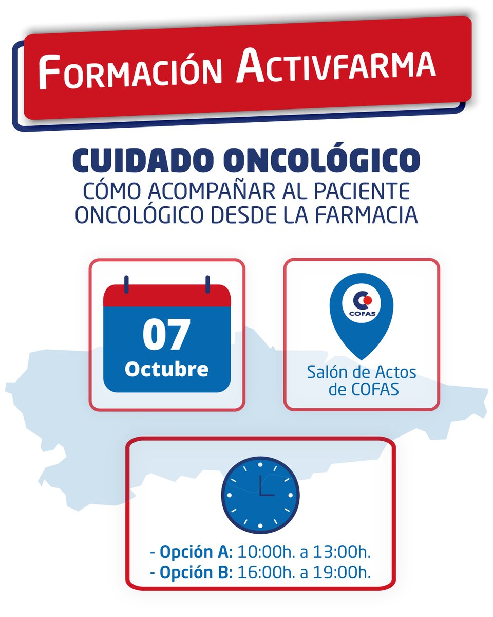 iCOFAS's tweet photo. Próxima formación Activfarma: Cuidado Oncológico 👐
Adquiere los conocimientos y herramientas prácticas para acompañar al paciente oncológico desde el mostrador

📍Doble convocatoria: Asturias y Cantabria
🟠¡Inscríbete antes del 5 de octubre!

#tufarmaciaempiezaentucooperativa https://t.co/3i3OVErUjf