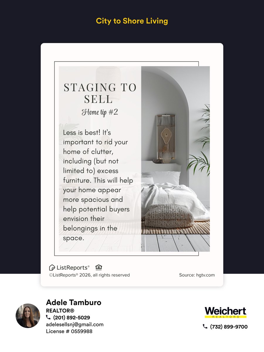 AdeleSellsNJ's tweet photo. Your decor may be beautiful, but buyers want to picture their belongings there. Decluttering and moving furniture out is a great place to start when preparing your home for sale. Let’s talk about other steps, like hiring me! 😉 #thehelpfulagent #houseexpert #hometips #icanhelp https://t.co/PKlDKzIxBX
