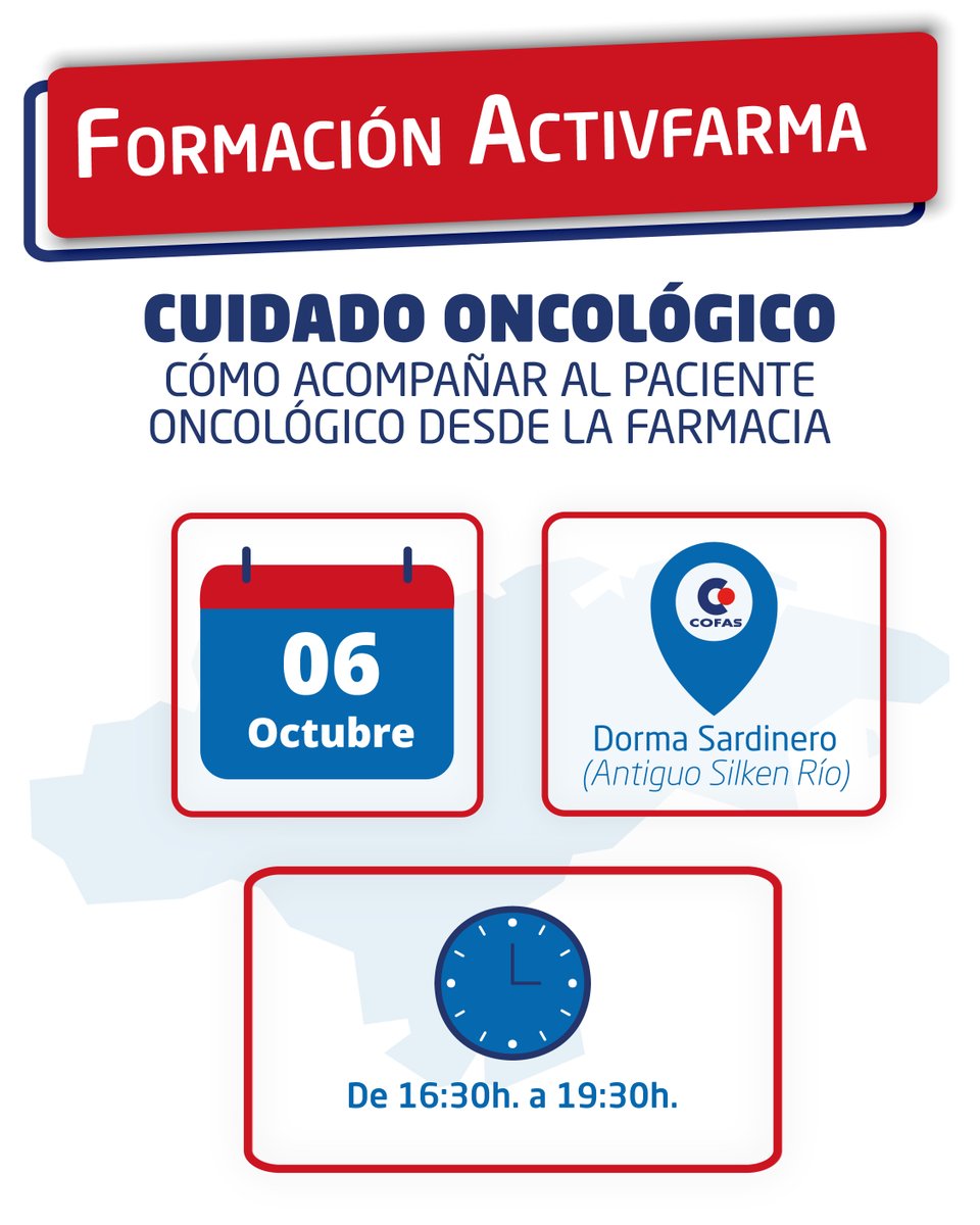 iCOFAS's tweet photo. Próxima formación Activfarma: Cuidado Oncológico 👐
Adquiere los conocimientos y herramientas prácticas para acompañar al paciente oncológico desde el mostrador

📍Doble convocatoria: Asturias y Cantabria
🟠¡Inscríbete antes del 5 de octubre!

#tufarmaciaempiezaentucooperativa https://t.co/3i3OVErUjf