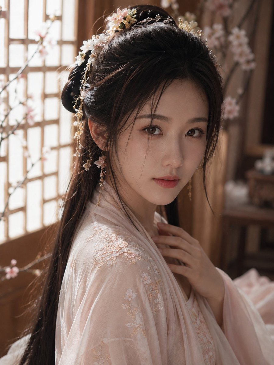 spark_chenlin's tweet photo. 古人簪花，究竟有多讲究？

提示词：

3:4 竖幅，古风写实人像摄影，一位明确成年的韩国女性，20 多岁，精致韩系淡颜，柔和鹅蛋脸，长黑发古典半盘发，剩余长发自然垂落背部，发间点缀白色与淡粉花朵、细金枝叶、珍珠流苏，清淡自然妆容。  人物身体侧向镜头约 45 度，肩膀微微转开，脸部再转回镜头方向，形成优雅的侧身回眸构图。一只手轻轻放在锁骨 / 衣领附近，手指自然舒展。表情比其他版本更加安静和克制，嘴唇微微放松，眼神柔和但带一点若有所思、沉静感，仍保持与镜头的亲密交流。  穿浅粉奶白色半透明绣花汉服，肩部和衣袖有精致白金色花卉刺绣，轻盈柔软的纱质面料。背景为木质窗格、暖棕色古典房间、虚化花枝和家具，左侧窗光形成自然侧逆光，在发丝与肩部形成柔和轮廓高光，浅景深，真实肌肤，电影人像摄影，高级柔和质感，不要文字，不要拼图。