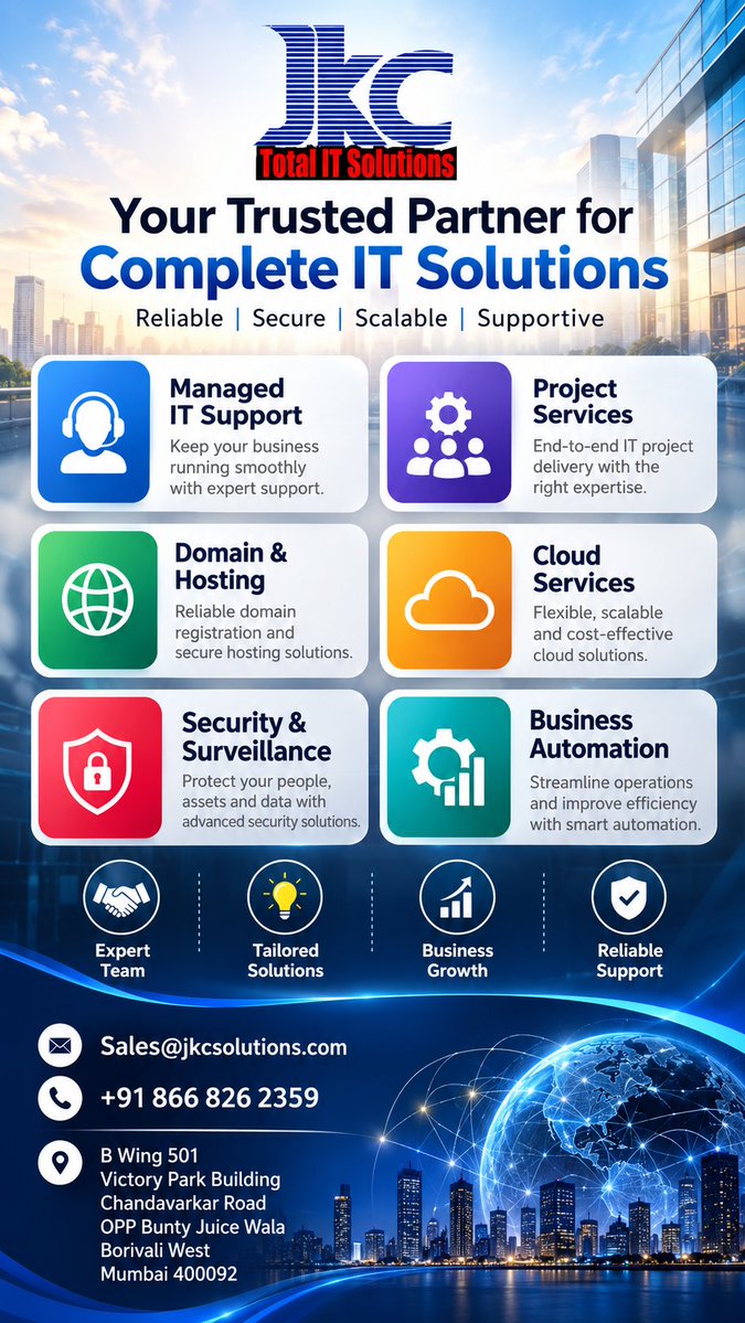 jkcsolution's tweet photo. Reliable IT support, cloud, security, hosting & business automationโall in one place. ๐
JKC Total IT Solutions โ Your Trusted IT Partner.
#ITSolutions #CloudServices #CyberSecurity #BusinessAutomation https://t.co/aBNeisj58V
