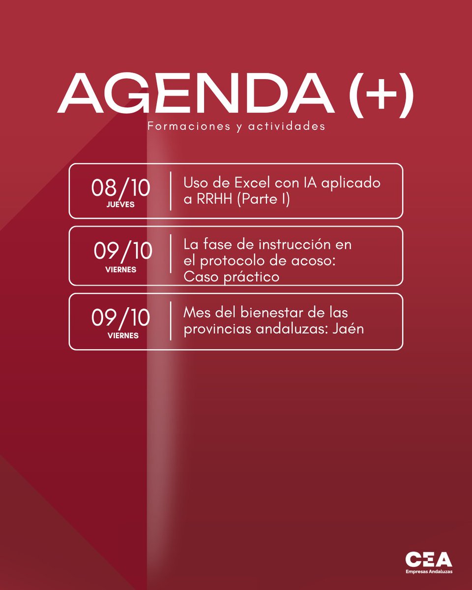 CEAes_'s tweet photo. ⚡AGENDA | La próxima semana desde #CEAparaTI✨ te ofrecemos las siguientes formaciones:

📍 Día 6: Tipos de contratos

Más información: https://t.co/jUpIZDEMoL

📍 Día 7: Elementos del convenio colectivo II

Más información: https://t.co/T53E3wkj57

📍 Día 7: Transparencia laboral e igualdad retributiva: Novedades normativas y aplicación en la empresa

Más información: https://t.co/Mk00Btepsd

📍 Día 7: Mes del bienestar en las provincias andaluzas: Huelva

Más información: https://t.co/fR6l4WjZg4

📍 Día 8: Uso de Excel con IA aplicado a RRHH (Parte I)

Más información: https://t.co/RmoDKn5rhZ

📍 Día 9: La fase de instrucción en el protocolo de acoso: Caso práctico

Más información: https://t.co/NCiFbEdk07

📍 Día 9: Mes del bienestar de las provincias andaluzas: Jaén

Más información: https://t.co/vvu4QYeEDL

👉🏼Actividades abiertas a inscripción libre.

#Compromiso #Excelencia #Acción
#Andalucía