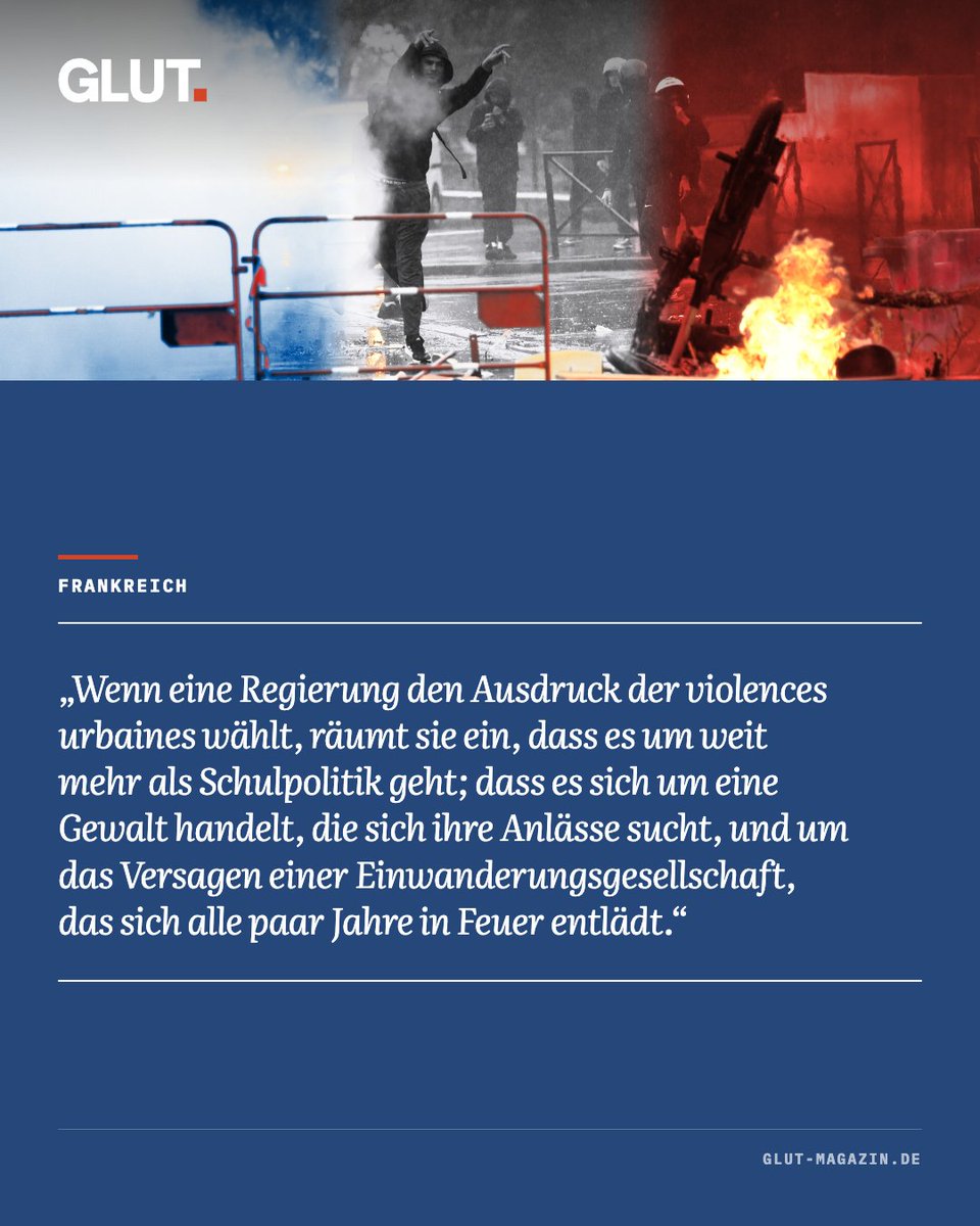 jannibal_'s tweet photo. Die französische Scheiternsbilanz nach den Schulrandalen, die keine Proteste sind, sondern in Wirklichkeit vielerorts schwere Gewalt bedeuten, lautet so: Kinder und Enkel von Einwanderern, die in Frankreich geboren und beschult wurden, sind längst dabei, die Republik zu hassen und in Brand zu setzen. Aus Bildungsprotesten wurden brennende Mülltonnen und Barrikaden, davor wehen die Flaggen Algeriens, Tunesiens und Palästinas, es kommt zu Angriffen auf Polizisten und Verfolgungsjagden in Innenstädten. Dabei zeigt sich in den schweren Tumulten kein Bildungsprotest (das war er, wenn überhaupt, nur anfangs), sondern das periodische Feuer einer gescheiterten Einwanderungsgesellschaft. 

Aber was auffällt – und langsam bei immer mehr Menschen ankommt: In der multikulturellen Gesellschaft hat die maghrebinisch-afrikanische Jugend aus Vororten und Städten längst durch Jean-Luc Mélenchon und La France Insoumise eine parteipolitische Vertretung gefunden, die sie in Schutz nimmt und als Wähler adressiert. 

Für @glut_magazin habe ich versucht die letzten Tage und Wochen zu sortieren, Parallelen zu anderen Ausschreitungen herzustellen und auf die Rolle von LFI einzugehen. Der ganze Artikel: https://t.co/3fgNZiD4aI