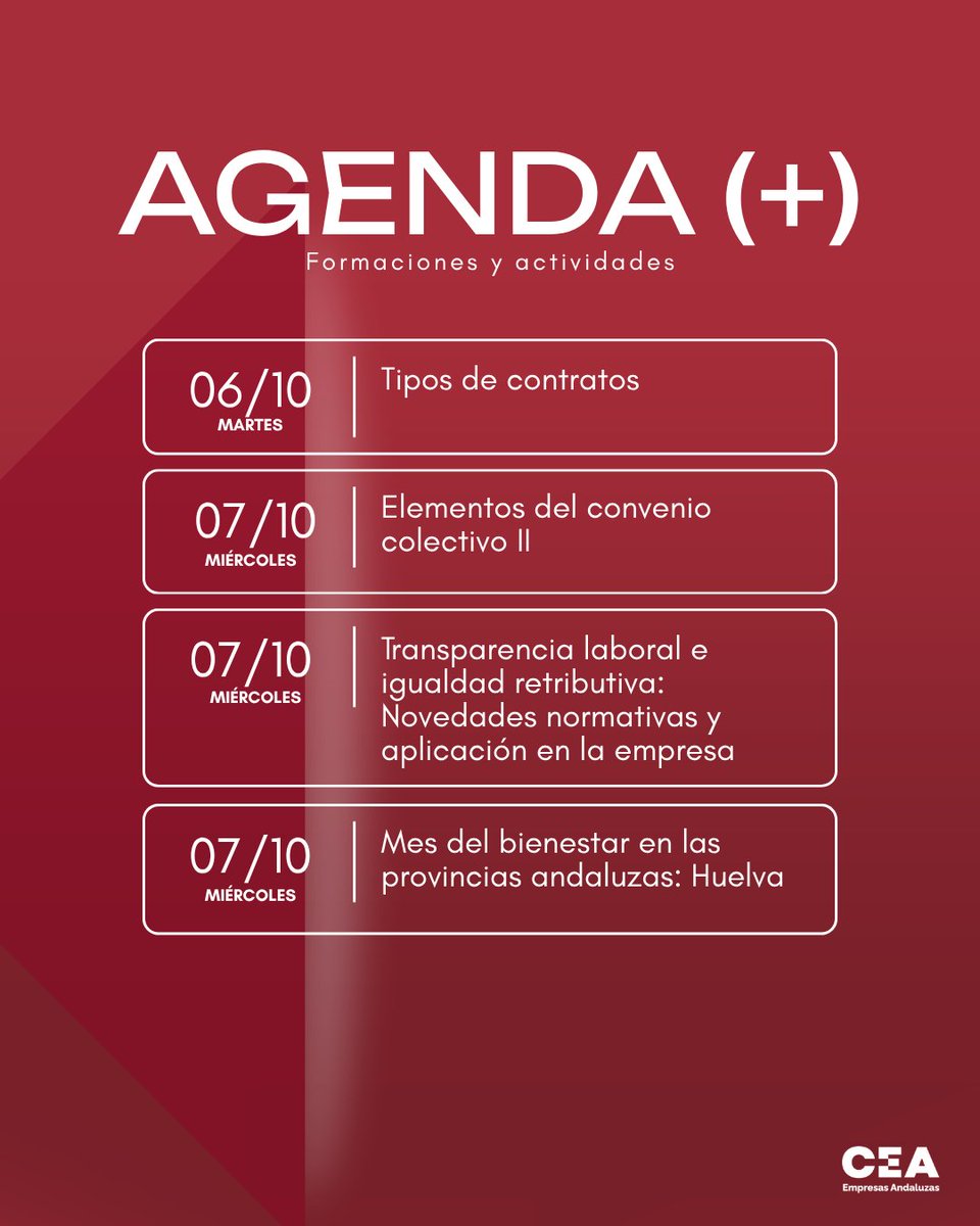 CEAes_'s tweet photo. ⚡AGENDA | La próxima semana desde #CEAparaTI✨ te ofrecemos las siguientes formaciones:

📍 Día 6: Tipos de contratos

Más información: https://t.co/jUpIZDEMoL

📍 Día 7: Elementos del convenio colectivo II

Más información: https://t.co/T53E3wkj57

📍 Día 7: Transparencia laboral e igualdad retributiva: Novedades normativas y aplicación en la empresa

Más información: https://t.co/Mk00Btepsd

📍 Día 7: Mes del bienestar en las provincias andaluzas: Huelva

Más información: https://t.co/fR6l4WjZg4

📍 Día 8: Uso de Excel con IA aplicado a RRHH (Parte I)

Más información: https://t.co/RmoDKn5rhZ

📍 Día 9: La fase de instrucción en el protocolo de acoso: Caso práctico

Más información: https://t.co/NCiFbEdk07

📍 Día 9: Mes del bienestar de las provincias andaluzas: Jaén

Más información: https://t.co/vvu4QYeEDL

👉🏼Actividades abiertas a inscripción libre.

#Compromiso #Excelencia #Acción
#Andalucía