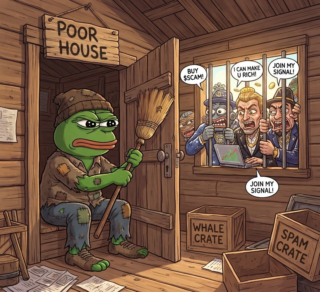 Poorpepepoor's tweet photo. Waking up on day 2 and the DMs are already flooded with scam bots and fake gurus.
Sorry guys, the door to $POOR house is locked for you. Real organic builders and holders only.
CA: 3srJ2YwRSY9ieGSVqf5ngqv6EmzEMrRjwjZLSnVypump 🚪🧹📉
#Solana #PumpFun #Memecoin #POOR https://t.co/D1PRZxCALG
