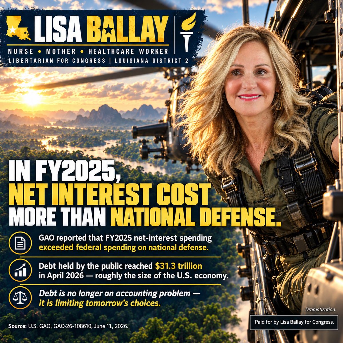LBforCongress's tweet photo. When interest on yesterday’s borrowing costs more than national defense, debt is no longer an accounting problem—it is limiting tomorrow’s choices. https://t.co/GeeChK1l3n