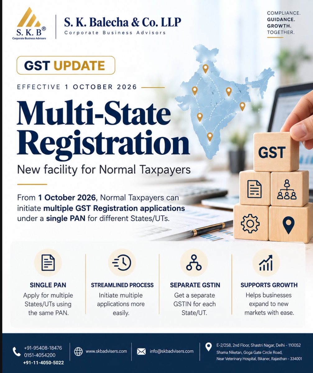 cssudesh's tweet photo. 🚨 GST UPDATE | Multi-State Registration
From 1 Oct 2026, eligible Normal Taxpayers can initiate GST registration applications for multiple States/UTs through a common process using a single Master TRN.

Separate GSTINs will still be issued for each State/UT. https://t.co/5NO1xdp00w