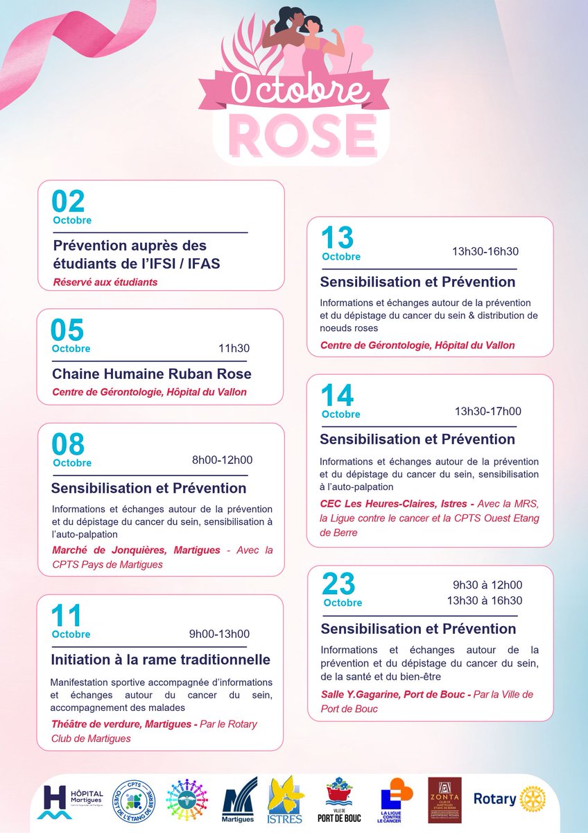 CHMartigues's tweet photo. [ Prévention | Octobre rose ] 🎀

Comme chaque année, le Centre Hospitalier de Martigues se mobilise aux côtés de ses partenaires à l’occasion d’Octobre Rose.

📍 Dès le jeudi 8 octobre, retrouvez nos équipes sur la place du marché de Jonquières à Martigues, de 8h à 12h. https://t.co/HnBrXJgPOc