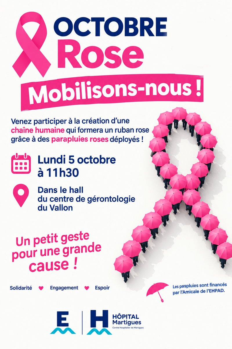 CHMartigues's tweet photo. [ Prévention | Octobre rose ] 🎀

Comme chaque année, le Centre Hospitalier de Martigues se mobilise aux côtés de ses partenaires à l’occasion d’Octobre Rose.

📍 Dès le jeudi 8 octobre, retrouvez nos équipes sur la place du marché de Jonquières à Martigues, de 8h à 12h. https://t.co/HnBrXJgPOc