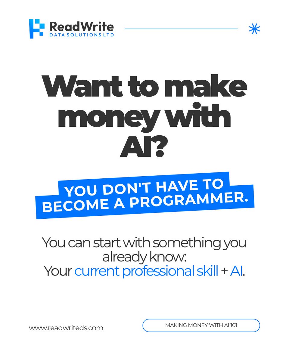 ReadWriteDS's tweet photo. You don’t have to be a programmer to unlock what AI can do for you.

Your professional skill + AI can help you work smarter, create more value, and unlock new opportunities.

You already have the skill. Learn how to amplify it with AI.

Start here: https://t.co/ktYAeUGRlP https://t.co/hOxTwtpa9L