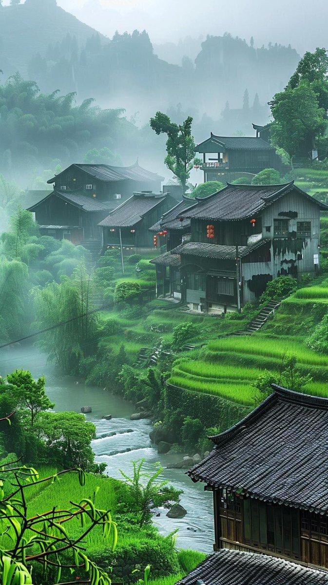 nyxvznb32's tweet photo. The quiet stream winds past an ancient shrine, with a tiny, lingering mist hovering low. https://t.co/yQiecoVkiv