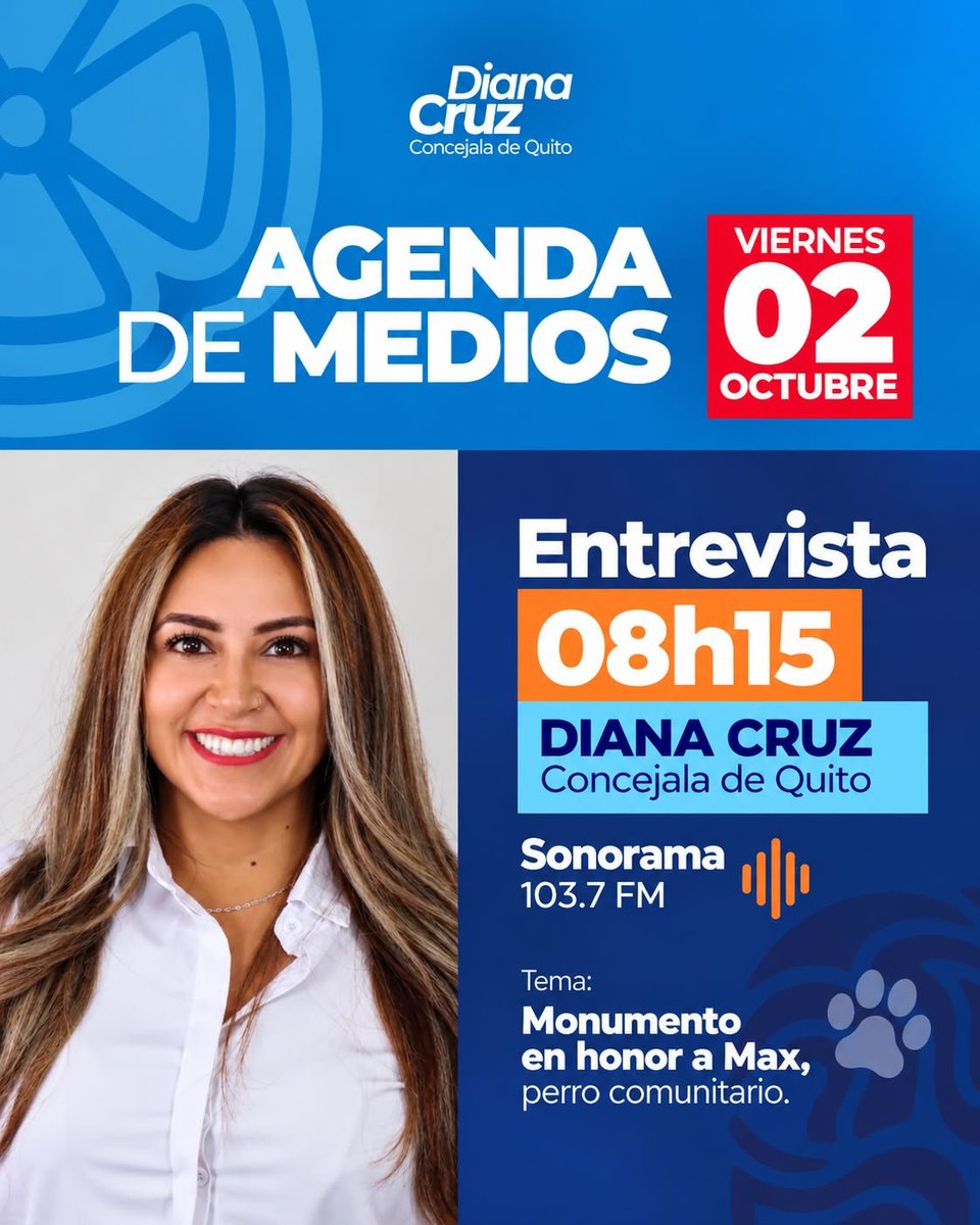DianaCruzUIO's tweet photo. 📻 🎙️ #DianaEnMedios | Hoy conversaremos en Sonorama 103.7 FM sobre el homenaje a Max, un querido integrante de la comunidad politécnica durante más de 15 años, además de abordar la importancia del bienestar animal y la responsabilidad que tenemos como sociedad.

#Quito https://t.co/qiMcDSr4uk