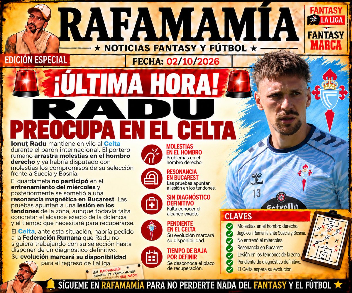 Rafamamia1's tweet photo. 🚨 Radu preocupa al Celta. El portero arrastra molestias en el hombro derecho, se ha sometido a una resonancia y sigue pendiente de conocer el alcance exacto de la lesión.
#Radu #Celta #FantasyLaLiga #FantasyMarca #RafaMamia https://t.co/rRPlqlyOx1