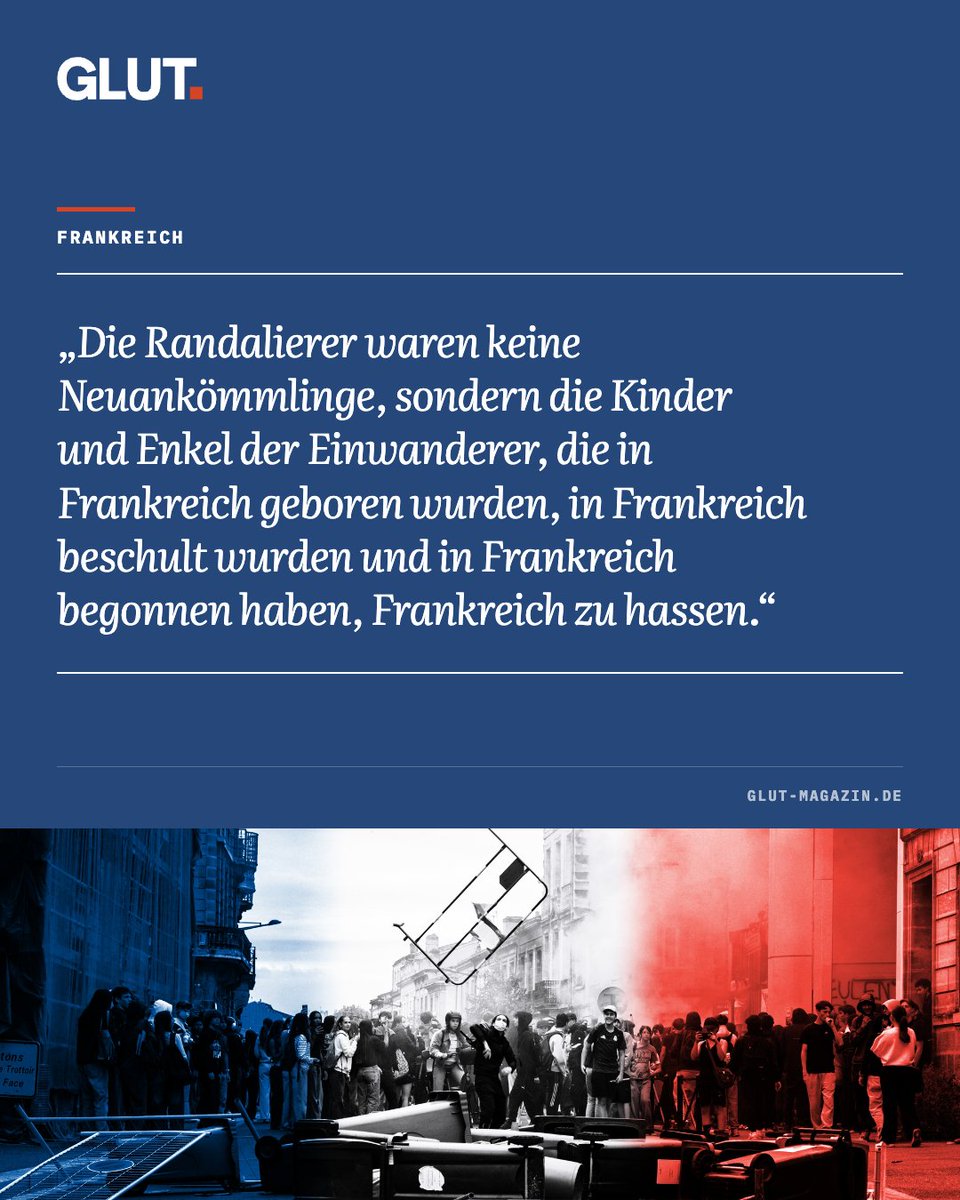 jannibal_'s tweet photo. Die französische Scheiternsbilanz nach den Schulrandalen, die keine Proteste sind, sondern in Wirklichkeit vielerorts schwere Gewalt bedeuten, lautet so: Kinder und Enkel von Einwanderern, die in Frankreich geboren und beschult wurden, sind längst dabei, die Republik zu hassen und in Brand zu setzen. Aus Bildungsprotesten wurden brennende Mülltonnen und Barrikaden, davor wehen die Flaggen Algeriens, Tunesiens und Palästinas, es kommt zu Angriffen auf Polizisten und Verfolgungsjagden in Innenstädten. Dabei zeigt sich in den schweren Tumulten kein Bildungsprotest (das war er, wenn überhaupt, nur anfangs), sondern das periodische Feuer einer gescheiterten Einwanderungsgesellschaft. 

Aber was auffällt – und langsam bei immer mehr Menschen ankommt: In der multikulturellen Gesellschaft hat die maghrebinisch-afrikanische Jugend aus Vororten und Städten längst durch Jean-Luc Mélenchon und La France Insoumise eine parteipolitische Vertretung gefunden, die sie in Schutz nimmt und als Wähler adressiert. 

Für @glut_magazin habe ich versucht die letzten Tage und Wochen zu sortieren, Parallelen zu anderen Ausschreitungen herzustellen und auf die Rolle von LFI einzugehen. Der ganze Artikel: https://t.co/3fgNZiD4aI