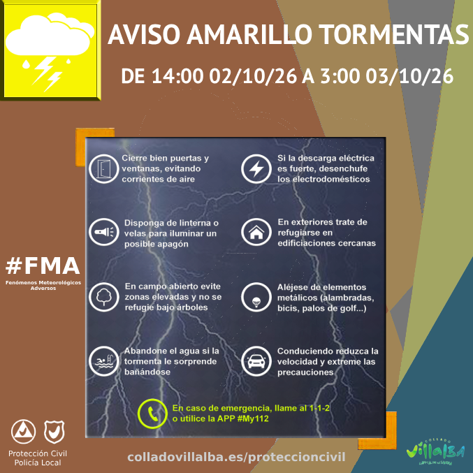 EmergenciaCV's tweet photo. 🟡Activos avisos amarillos por #lluvia y #tormentas, de 14 horas de hoy viernes a 3 horas de mañana sábado.

🌧️ Aviso amarillo por lluvias intensas, con precipitaciones de 20 l/m2 a la hora.

⛈️ Aviso amarillo por tormentas, con posibilidad de rachas de viento muy fuertes y granizo.

ℹ️ Más información y consejos a tener en cuenta en las imágenes.

#FMA ⚠️