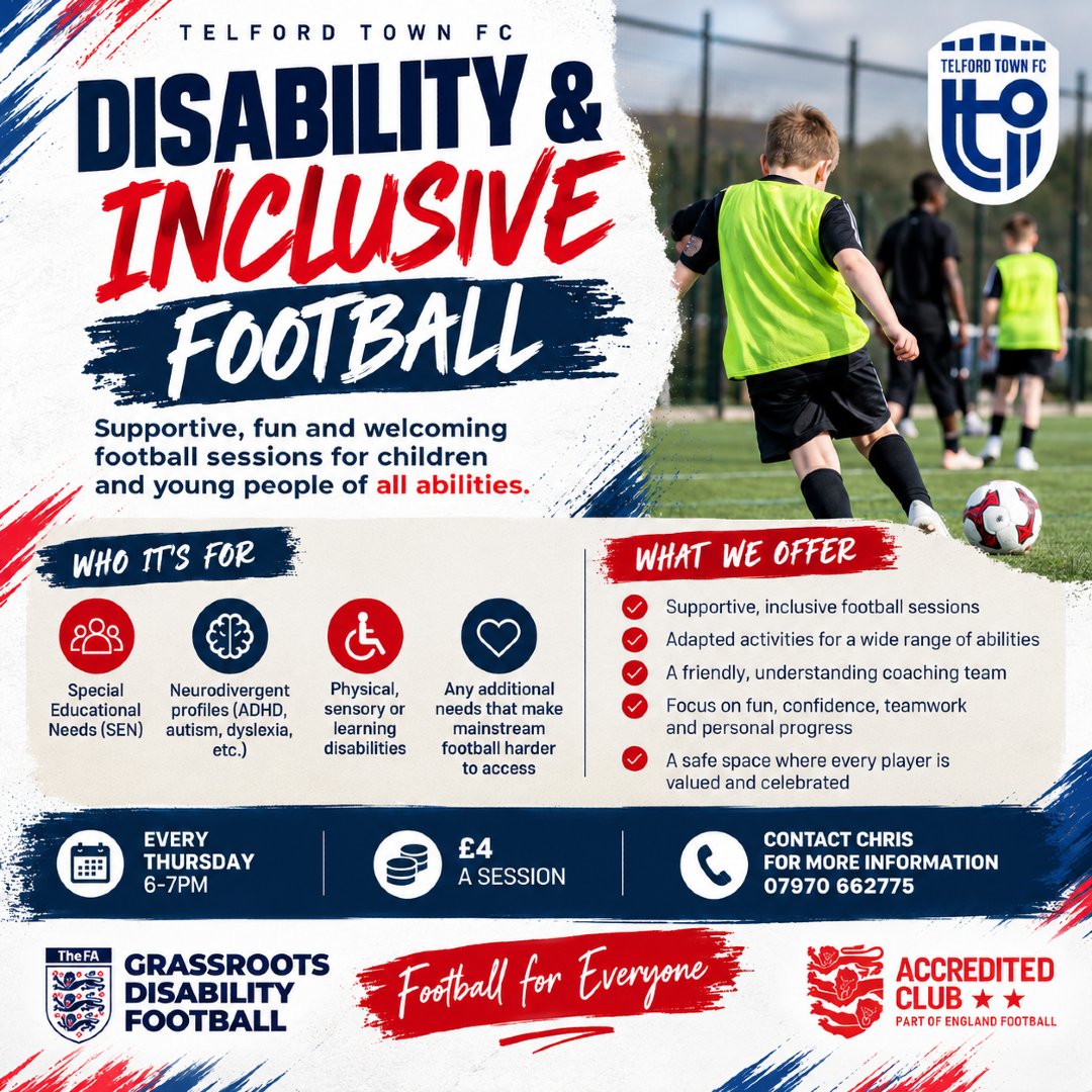 TelfordTownFC's tweet photo. ⚽️DISABILITY &amp; INCLUSIVE FOOTBALL AT TELFORD TOWN FC⚽️

For children &amp; young people of all abilities. A welcoming space to have fun, build confidence &amp; enjoy the game.

⚽️Thursdays 6–7pm
💷£4 per session
📞Chris: 07970 662775

#TelfordTownFC #DisabilityFootball #InclusiveFootball https://t.co/wltVdBvQH0
