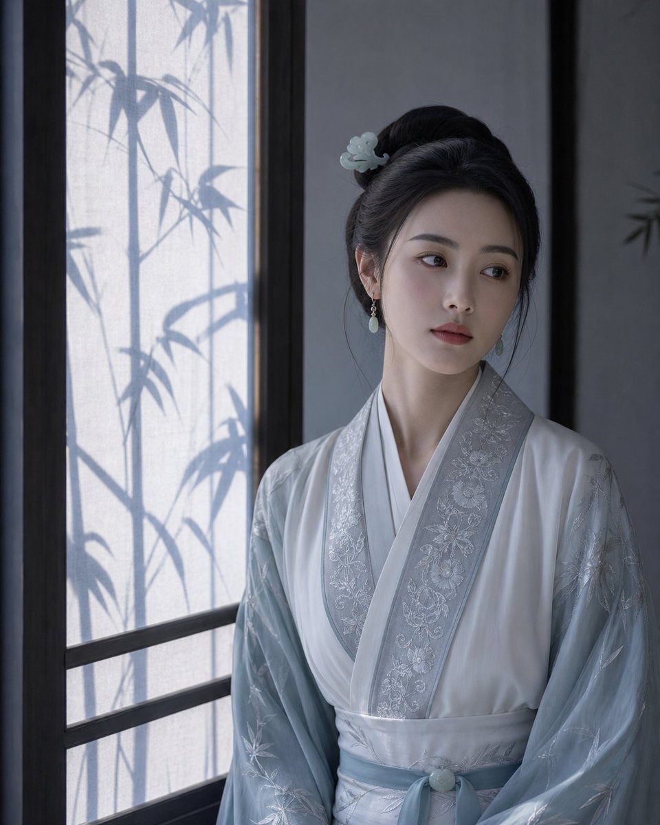 spark_chenlin's tweet photo. 竹影落窗，
她刚好站进了月白里。

月白汉服 + 冷灰窗光 + 竹影留白，
很适合这种安静到近乎失真的东方感。

提示词：

4:5 vertical cool oriental ancient beauty poster, fictional clearly adult East Asian woman aged 20–30, moon white, ice blue and silver gray palette. Half-body portrait beside a bamboo-shadowed window, gaze slightly past the camera, clean layered pale robe with silver embroidery, restrained jade earrings and hair ornament, cool side light, quiet paper-white negative space, realistic skin, silk and wood texture, refined cinematic oriental editorial. No text, logo or watermark; avoid busy background, childishness, sexualization, plastic skin, asymmetrical face, bad hands and garbled text.