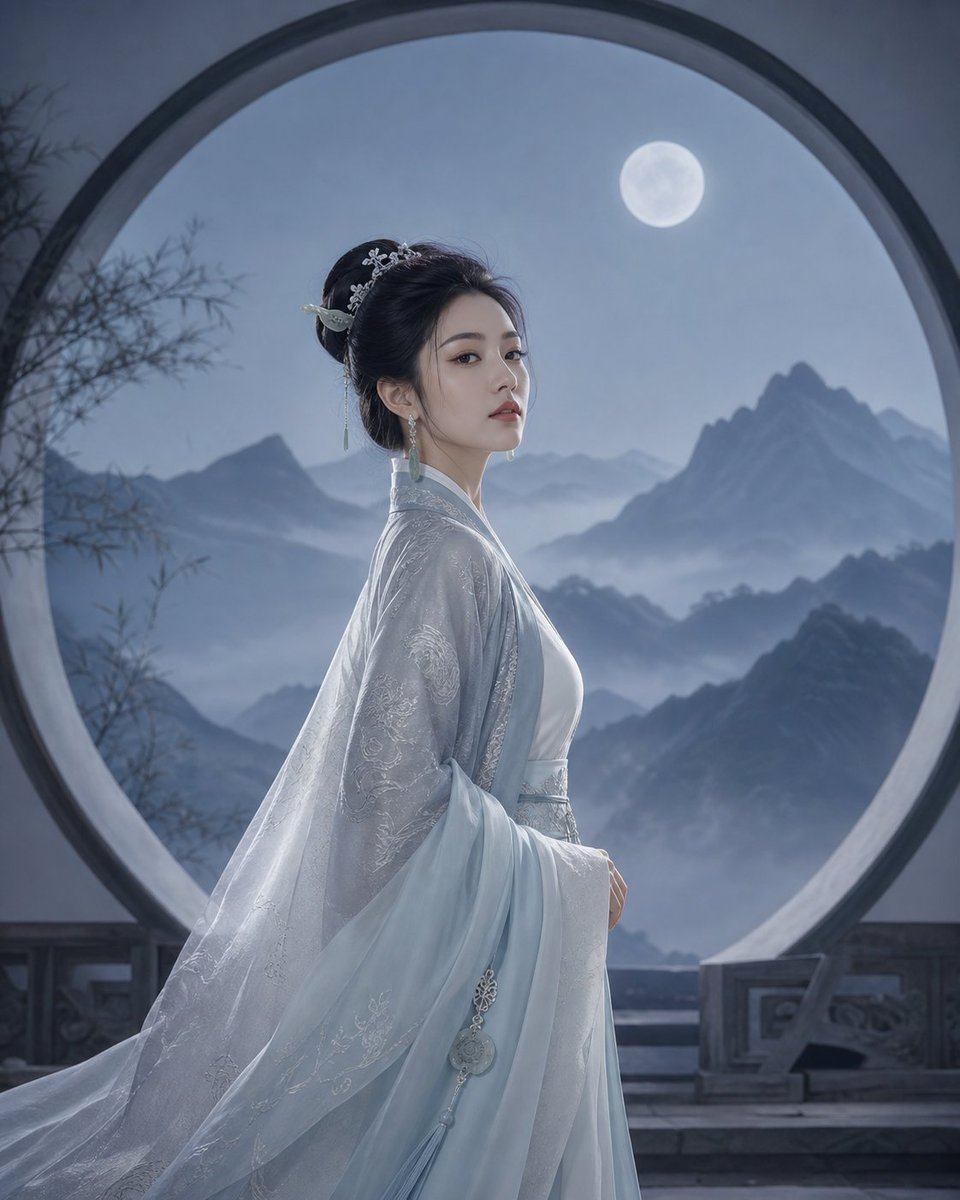 spark_chenlin's tweet photo. 竹影落窗，
她刚好站进了月白里。

月白汉服 + 冷灰窗光 + 竹影留白，
很适合这种安静到近乎失真的东方感。

提示词：

4:5 vertical cool oriental ancient beauty poster, fictional clearly adult East Asian woman aged 20–30, moon white, ice blue and silver gray palette. Half-body portrait beside a bamboo-shadowed window, gaze slightly past the camera, clean layered pale robe with silver embroidery, restrained jade earrings and hair ornament, cool side light, quiet paper-white negative space, realistic skin, silk and wood texture, refined cinematic oriental editorial. No text, logo or watermark; avoid busy background, childishness, sexualization, plastic skin, asymmetrical face, bad hands and garbled text.