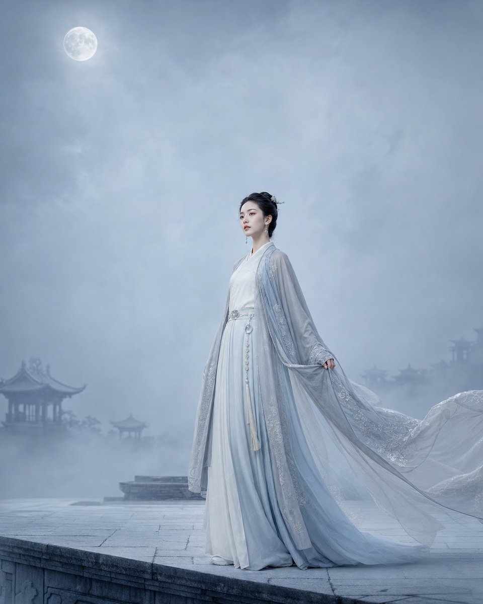 spark_chenlin's tweet photo. 竹影落窗，
她刚好站进了月白里。

月白汉服 + 冷灰窗光 + 竹影留白，
很适合这种安静到近乎失真的东方感。

提示词：

4:5 vertical cool oriental ancient beauty poster, fictional clearly adult East Asian woman aged 20–30, moon white, ice blue and silver gray palette. Half-body portrait beside a bamboo-shadowed window, gaze slightly past the camera, clean layered pale robe with silver embroidery, restrained jade earrings and hair ornament, cool side light, quiet paper-white negative space, realistic skin, silk and wood texture, refined cinematic oriental editorial. No text, logo or watermark; avoid busy background, childishness, sexualization, plastic skin, asymmetrical face, bad hands and garbled text.