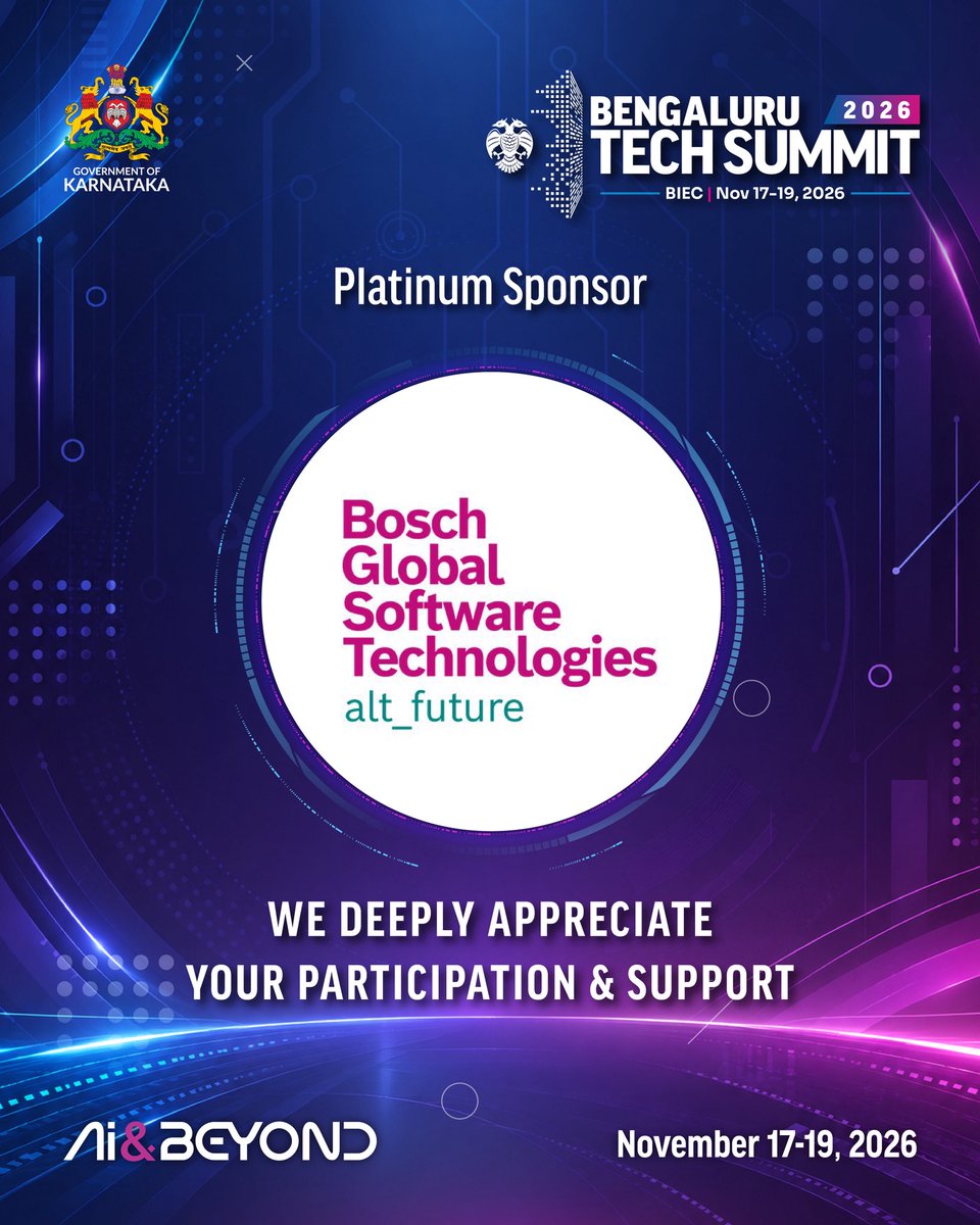 blrtechsummit's tweet photo. We’re delighted to welcome Bosch Global Software Technologies as the Platinum Sponsor for #BTS2026!
Together, we look forward to driving innovation and shaping what lies beyond AI.
#AIAndBeyond #KarnatakaInnovation #BengaluruTechSummit @kiranshaw https://t.co/evUtsLVwAG