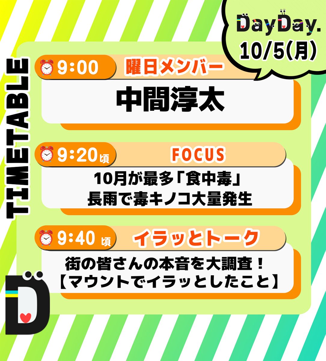 ntv_DayDay's tweet photo. 10/5(月)の #DayDay.
まもなく朝9時スタート⏰

◆曜日メンバー
💛#中間淳太
@j_nakama_w7_3

◆FOCUS
10月が最多「食中毒」 
長雨で毒キノコ大量発生🍄

◆イラっとトーク
街の皆さんの本音を大調査！
【マウントでイラっとしたこと】

@ntv_dayday をフォロー
皆さんの注目ポイントを
リプライ欄で教えてください💬