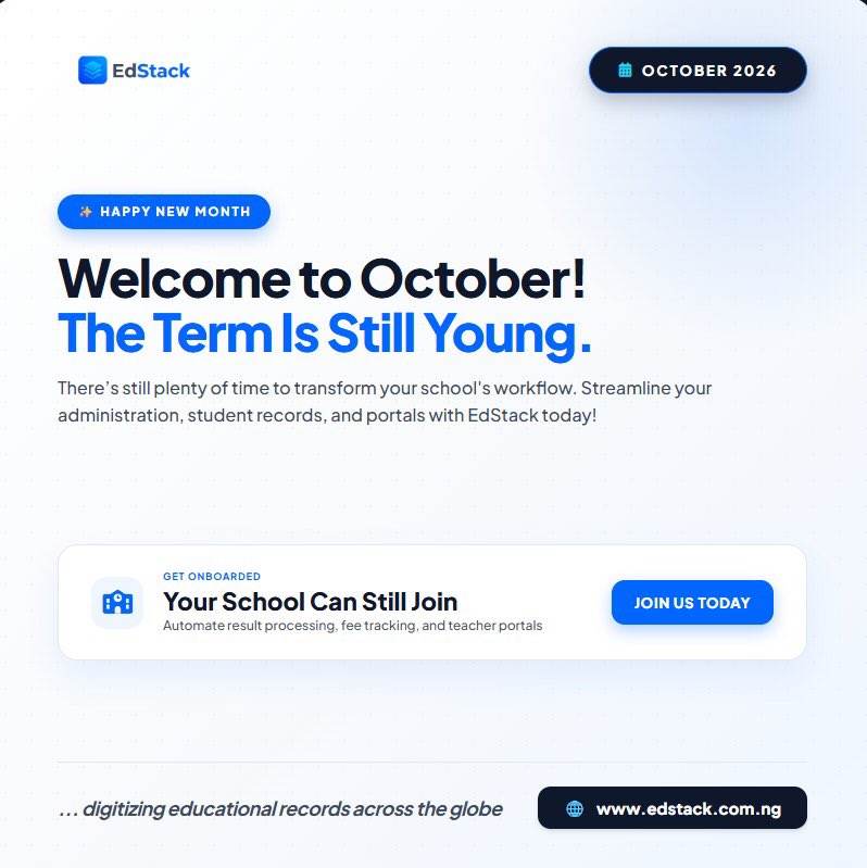 Edstackapp's tweet photo. Happy new month and welcome to October! 

There's still plenty of time in the term for your school to transition, digitize and be a part of EdStack. 

We wish everyone a wonderful October ahead! https://t.co/Tauoc6CAVb