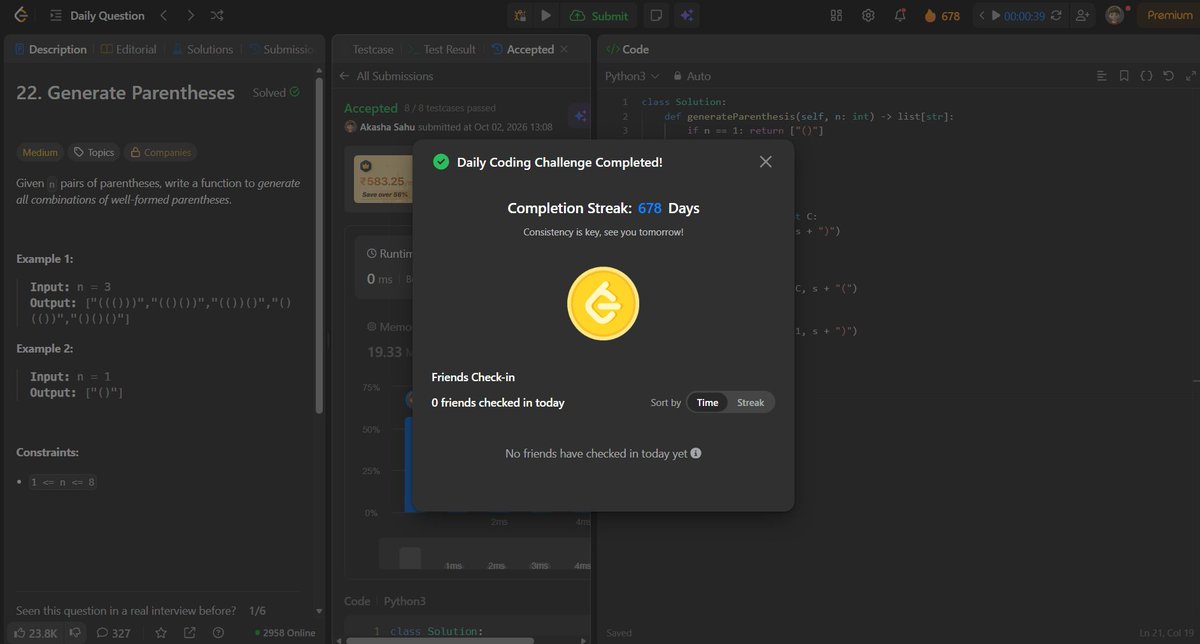 akashasahu07's tweet photo. Day - 678
Solved a backtracking problem today ⚡
Generated all valid parentheses combinations by tracking the count of opening and closing brackets.
#1000DaysOfCode #LeetCode #DSA #Python #Backtracking https://t.co/RRo5qEvebH
