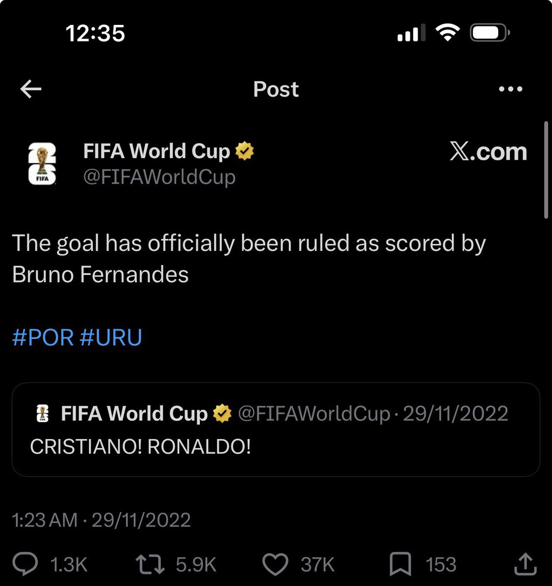 exfootballfan's tweet photo. Bruno scores his first World Cup goal and Ronaldo immediately launches a full legal campaign to get it awarded to himself.

“Why isn’t he liked?” because he is a 41yo manchild who only cares about himself. https://t.co/iwe5DupOEQ