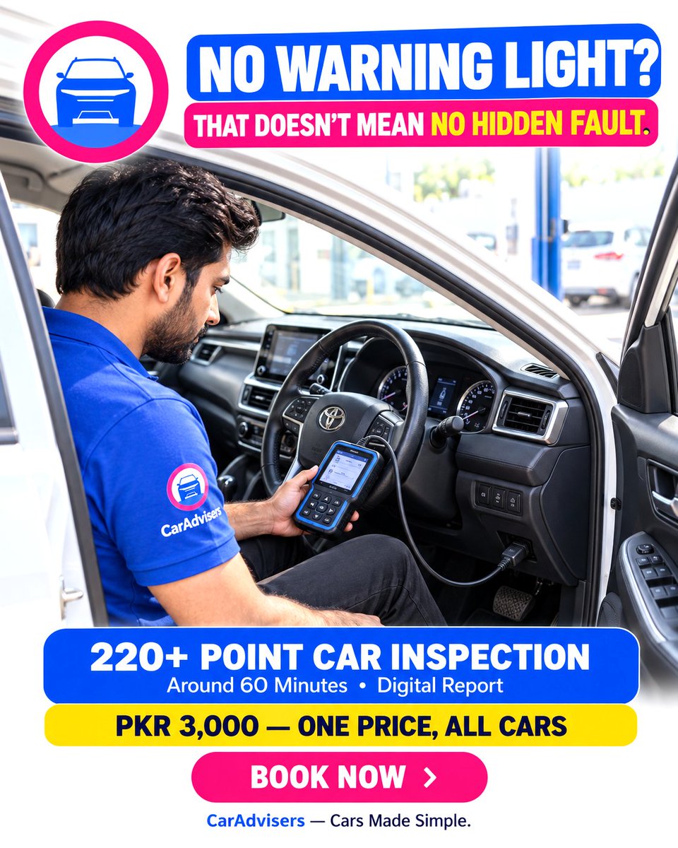 caradviserspak's tweet photo. ⚠️ No warning light? That doesn’t mean no hidden fault.
🔌 What’s underneath the clean appearance?
💰 PKR 3,000 — One Price, All Cars
📍 Islamabad & Rawalpindi
🗓️ Mon–Sun | 🕘 9 AM–6 PM
📲 Call/WhatsApp: 𝟬𝟯𝟭𝟮 𝟲𝟴𝟵𝟬𝟲𝟵𝟵
#CarInspection #UsedCarsPakistan #CarAdvisers https://t.co/bYHsqUDxUq