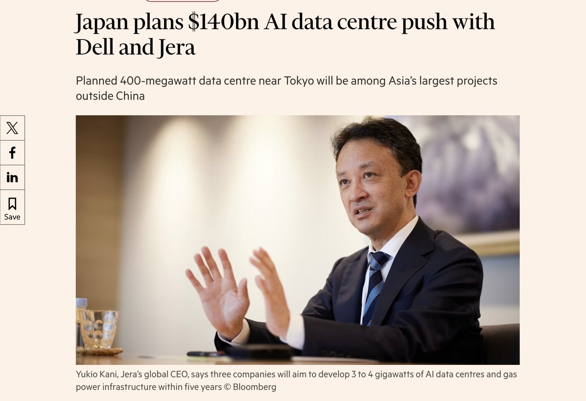 lukedavisBMB's tweet photo. Japan is reportedly planning a $140B push into AI data centers.

The first project is a $15B, 400MW campus near Tokyo with Dell, Jera and Rhaelm. The broader plan targets 3 to 4GW over five years.

I'm spending more time recently on sovereign compute research as part of my Intelligent New World thesis work.

AI capacity is starting to be treated like strategic infrastructure. Governments want domestic access to compute, power and data-center capacity as intelligence becomes more economically important.

This creates another source of demand for the equipment and energy supply chains I've already been following closely.

This is good for infrastructure / supply chain names in my view.