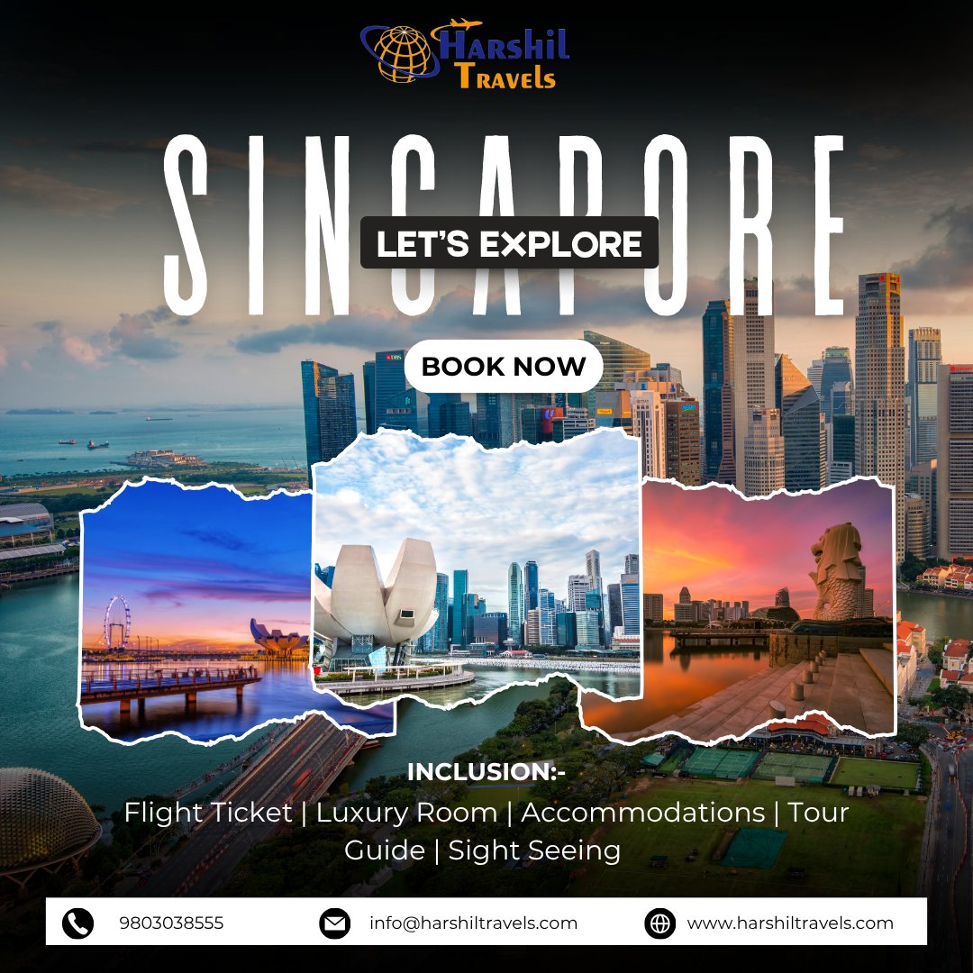 HarshilTravel's tweet photo. ✨ Singapore Tour Package Includes:
✈️ Flight Tickets
🏨 Luxury Room &amp; Accommodation
🧑‍💼 Tour Guide
🌇 Sightseeing
🌴 Memorable Travel Experiences
📍 Plan your Singapore trip with Harshil Travels!
📞 9803038555
📧 info@harshiltravels.com
🌐 https://t.co/XDWQG7i87N https://t.co/66WO2FdSTW