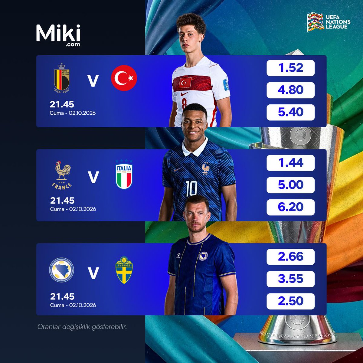 b4star3's tweet photo. Günün birbirinden önemli UEFA Uluslar Ligi karşılaşmaları ve yüksek oran seçenekleri Miki’de! 🚀

🔗: https://t.co/N8wt8JSXZM

Yasin Kol #Yetmiyor  Nihat Sergen Ronaldo
Ederson Ronaldo Fatma Betül Türkiye Belçika Portekiz
Ferhat Gündoğdu Fransa İtalya İsveç https://t.co/5BCfcG1hTt