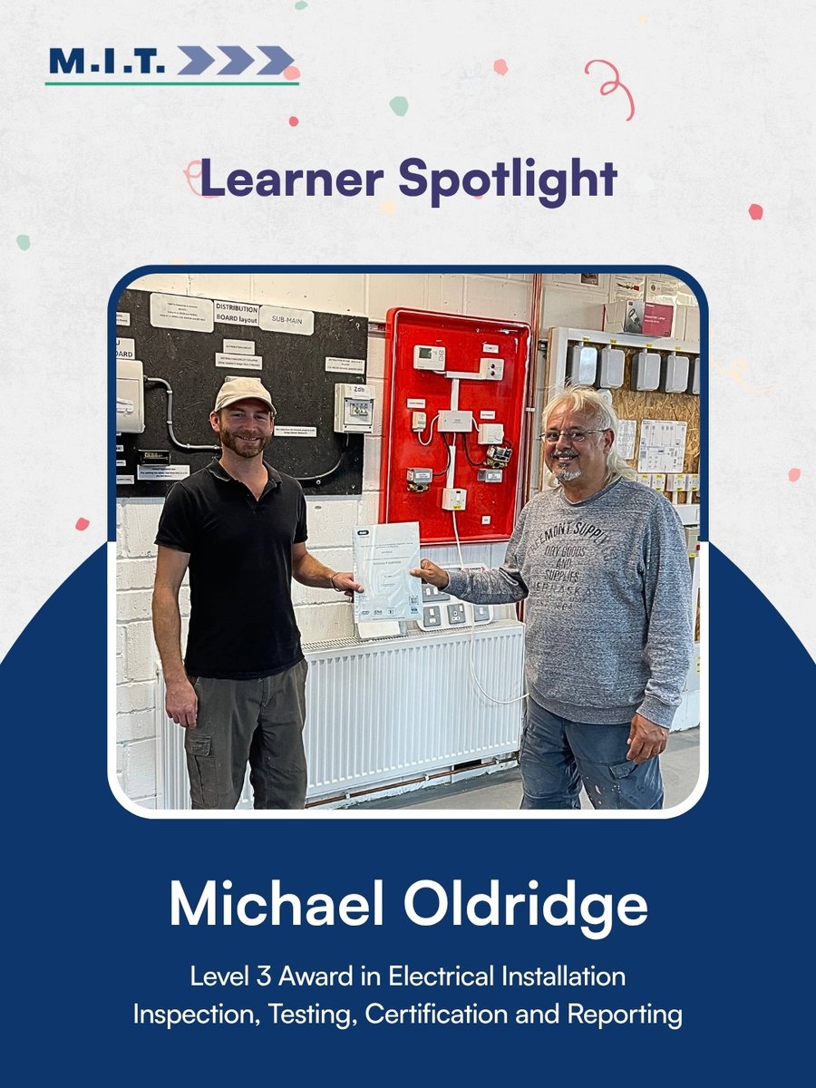 MITSKILLS's tweet photo. Congratulations to Michael, who is undertaking the Level 3 Award in Electrical Installation Inspection, Testing, Certification and Reporting at MITSkills.
Great work, Michael—keep up the brilliant momentum! 
#MITSkills #LearnerSpotlight #InspectionAndTesting #ElectricalCourse https://t.co/5V94hHd698